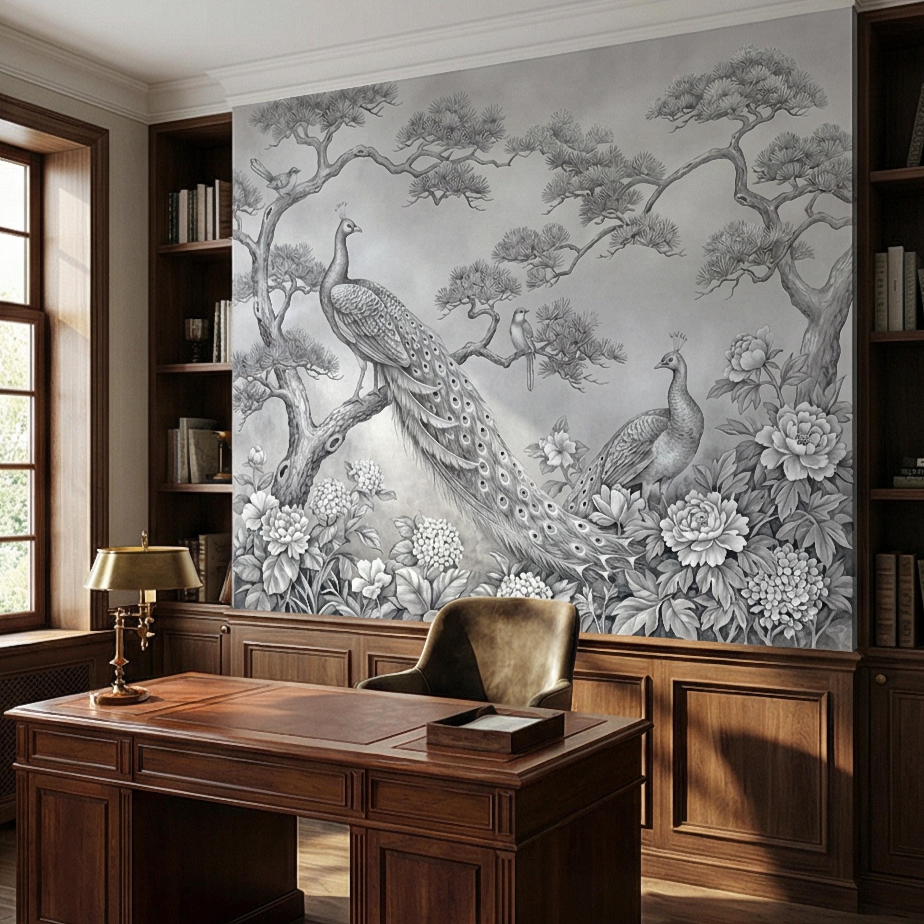 Peacock Peel and Stick Wall Mural, Chinoiserie Bird Floral Botanical, Soft Blue Gray Elegant Scenic Wallpaper