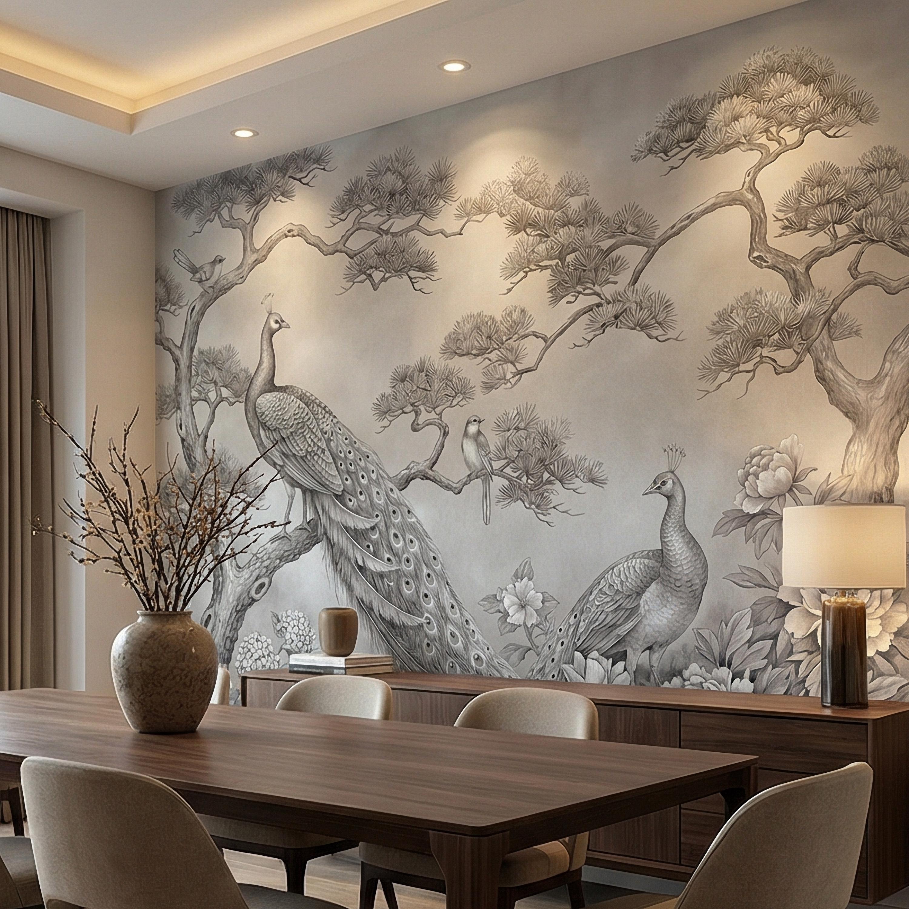 Peacock Peel and Stick Wall Mural, Chinoiserie Bird Floral Botanical, Soft Blue Gray Elegant Scenic Wallpaper