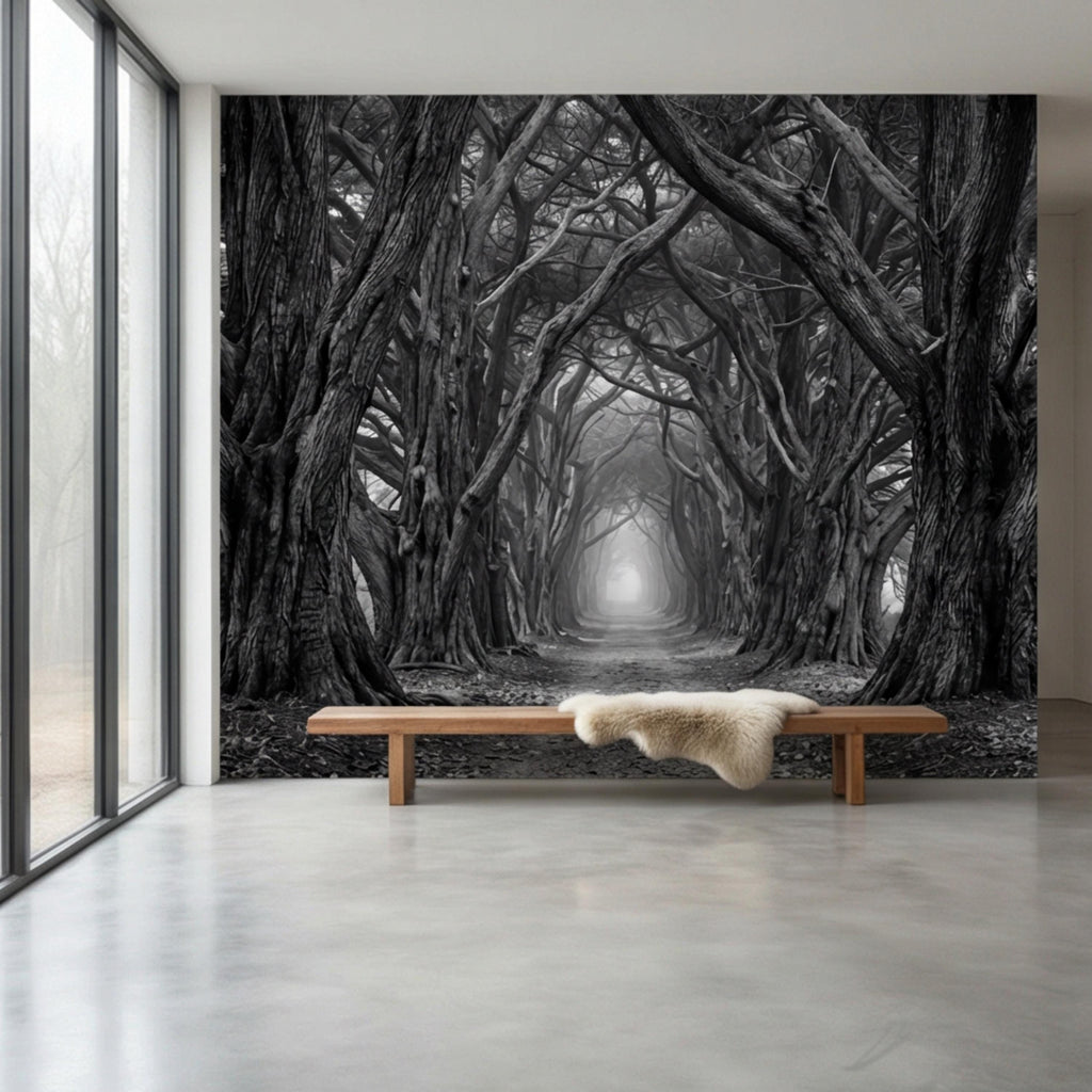 Dark Forest Tree Tunnel Peel and Stick Wall Mural, Gothic Black and White Woodland Wallpaper