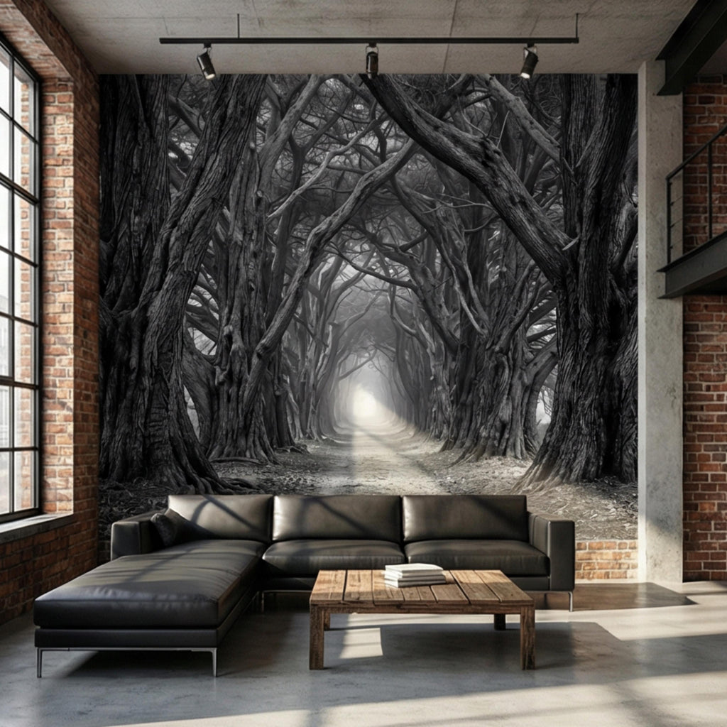 Dark Forest Tree Tunnel Peel and Stick Wall Mural, Gothic Black and White Woodland Wallpaper