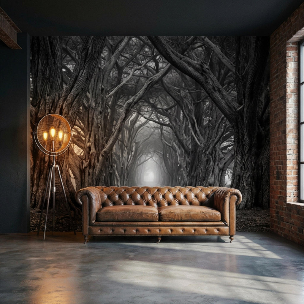 Dark Forest Tree Tunnel Peel and Stick Wall Mural, Gothic Black and White Woodland Wallpaper