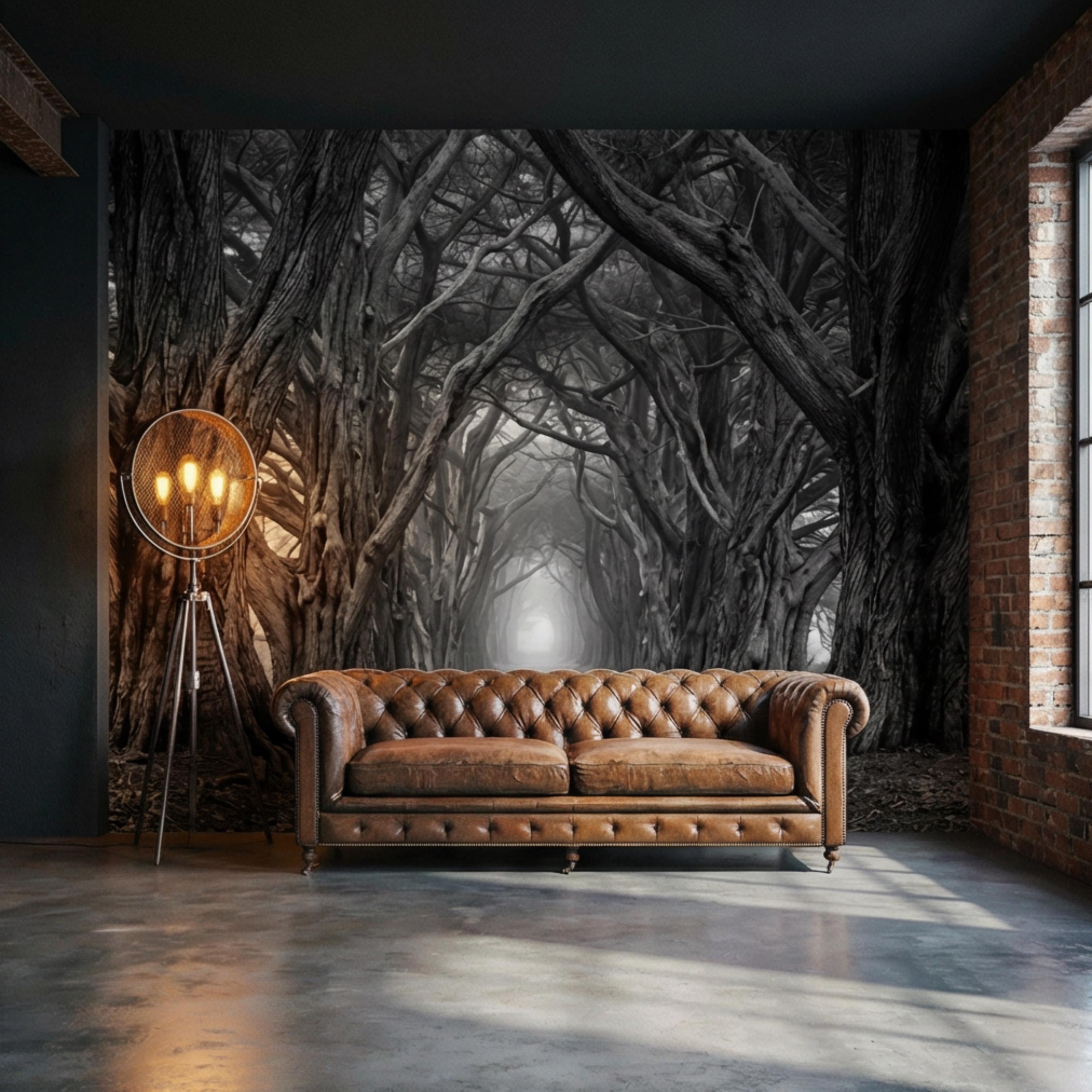 Dark Forest Tree Tunnel Peel and Stick Wall Mural, Gothic Black and White Woodland Wallpaper
