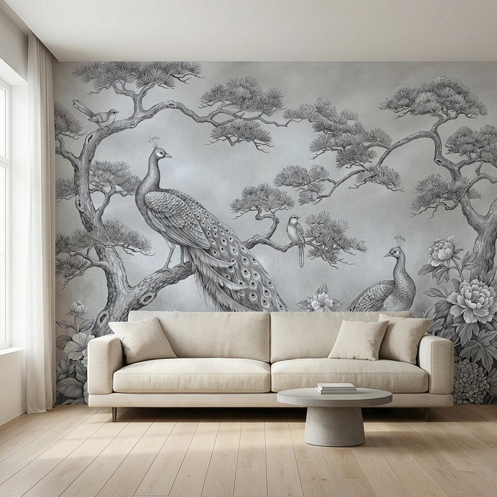 Peacock Peel and Stick Wall Mural, Chinoiserie Bird Floral Botanical, Soft Blue Gray Elegant Scenic Wallpaper