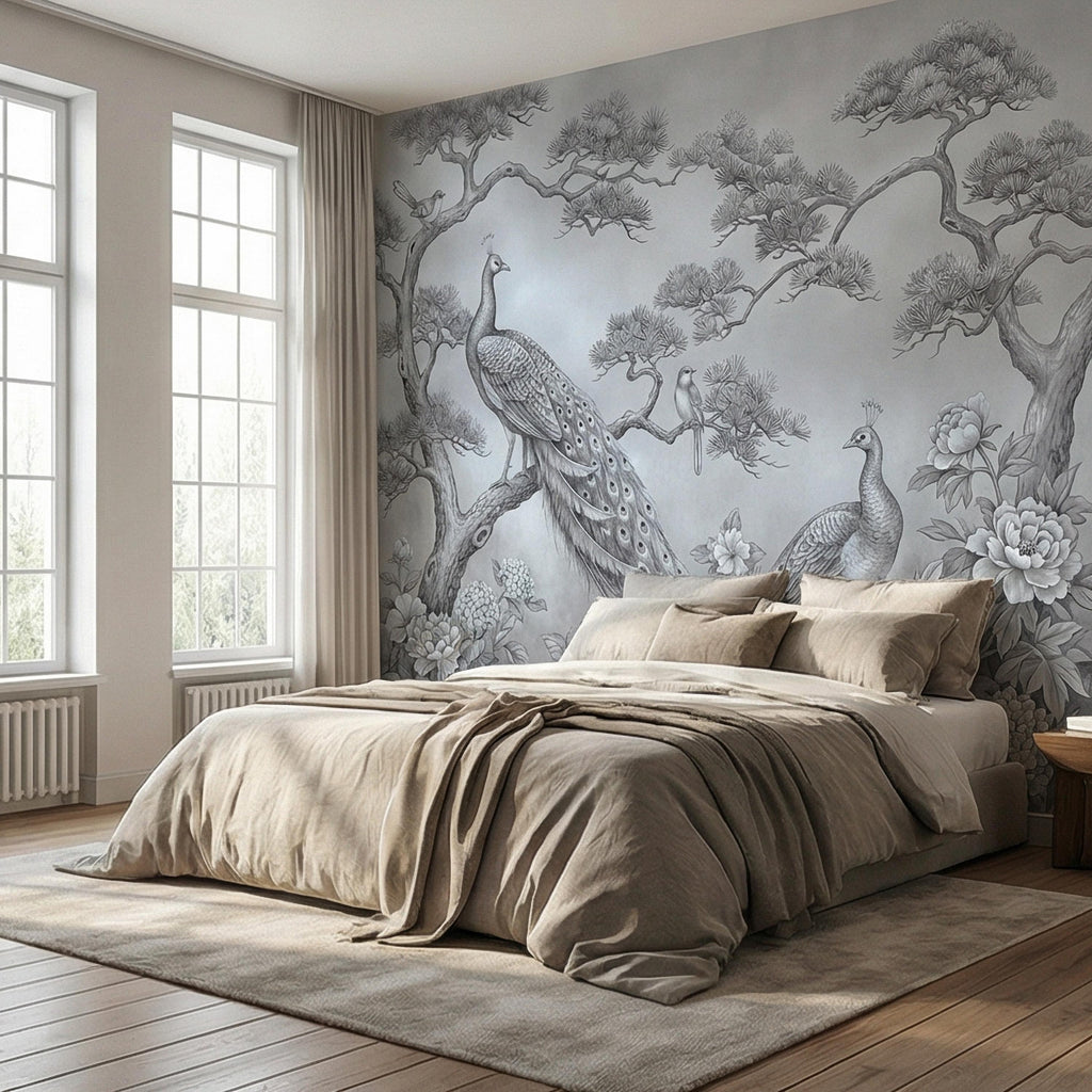 Peacock Peel and Stick Wall Mural, Chinoiserie Bird Floral Botanical, Soft Blue Gray Elegant Scenic Wallpaper