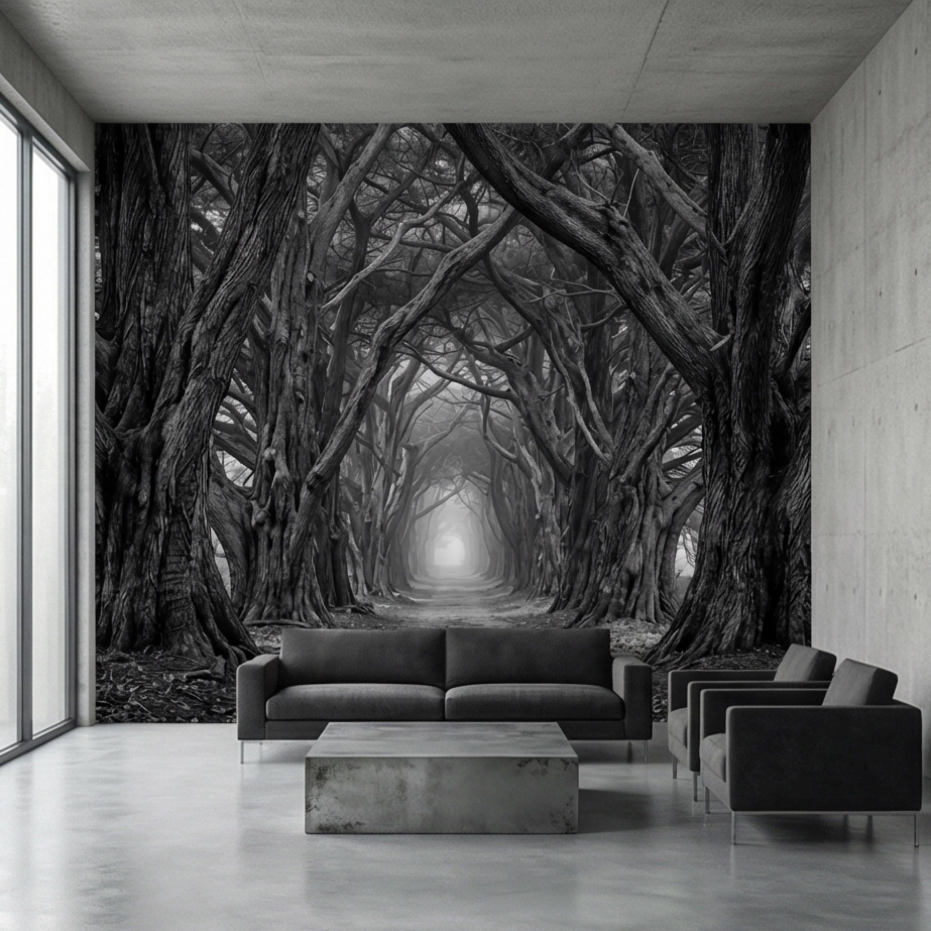 Dark Forest Tree Tunnel Peel and Stick Wall Mural, Gothic Black and White Woodland Wallpaper