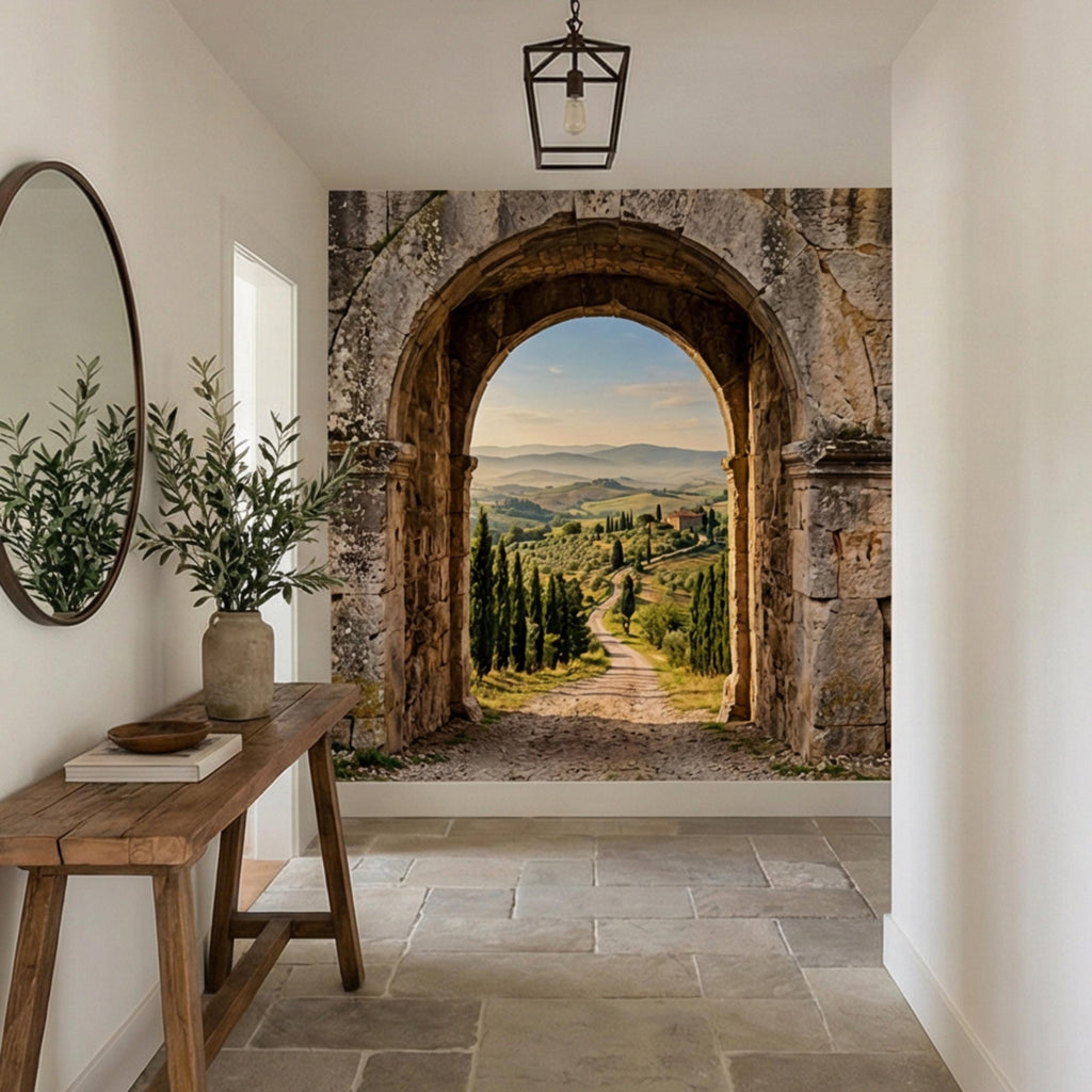 Tuscan Archway View Peel and Stick Wall Mural, Italian Countryside Villa Wallpaper