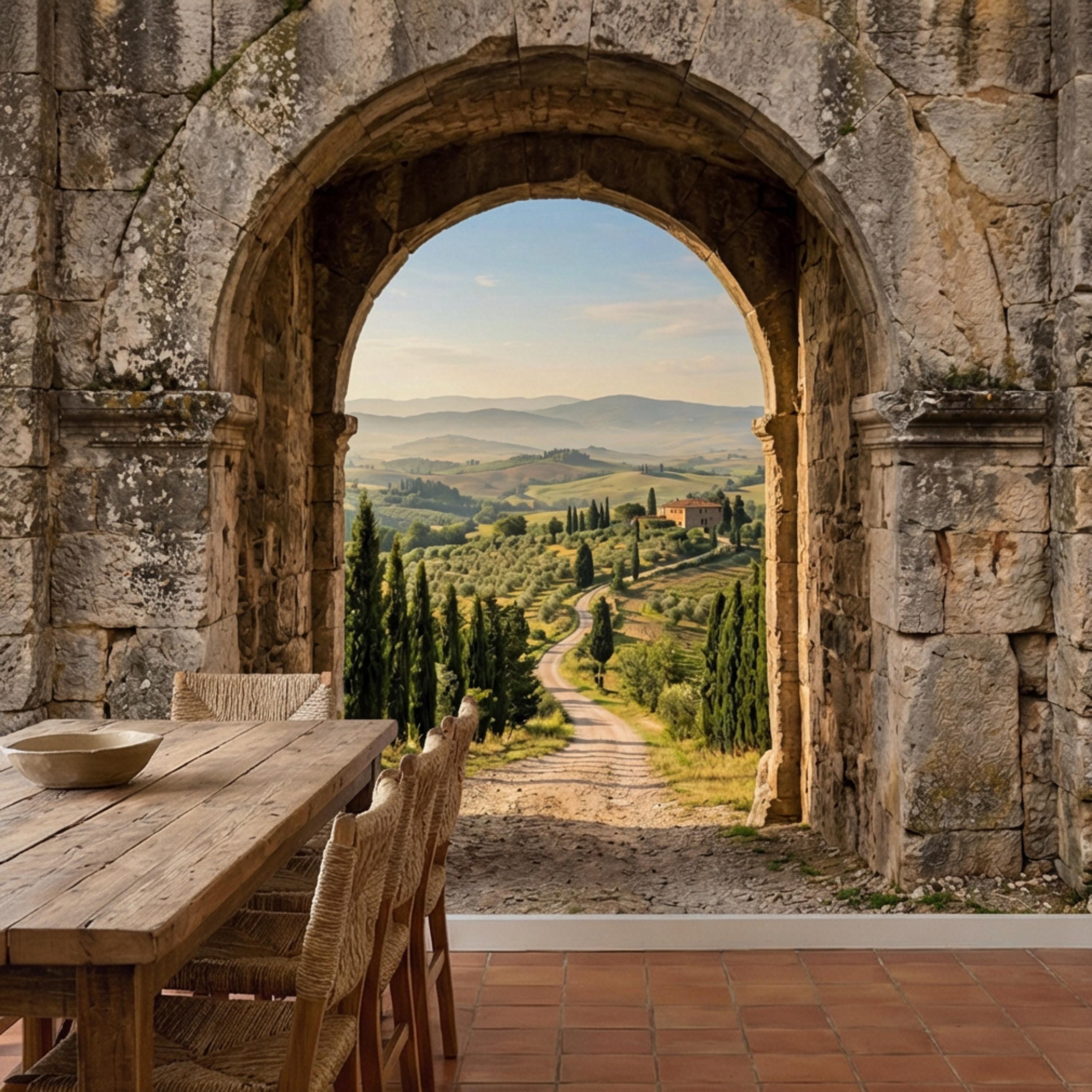 Tuscan Archway View Peel and Stick Wall Mural, Italian Countryside Villa Wallpaper