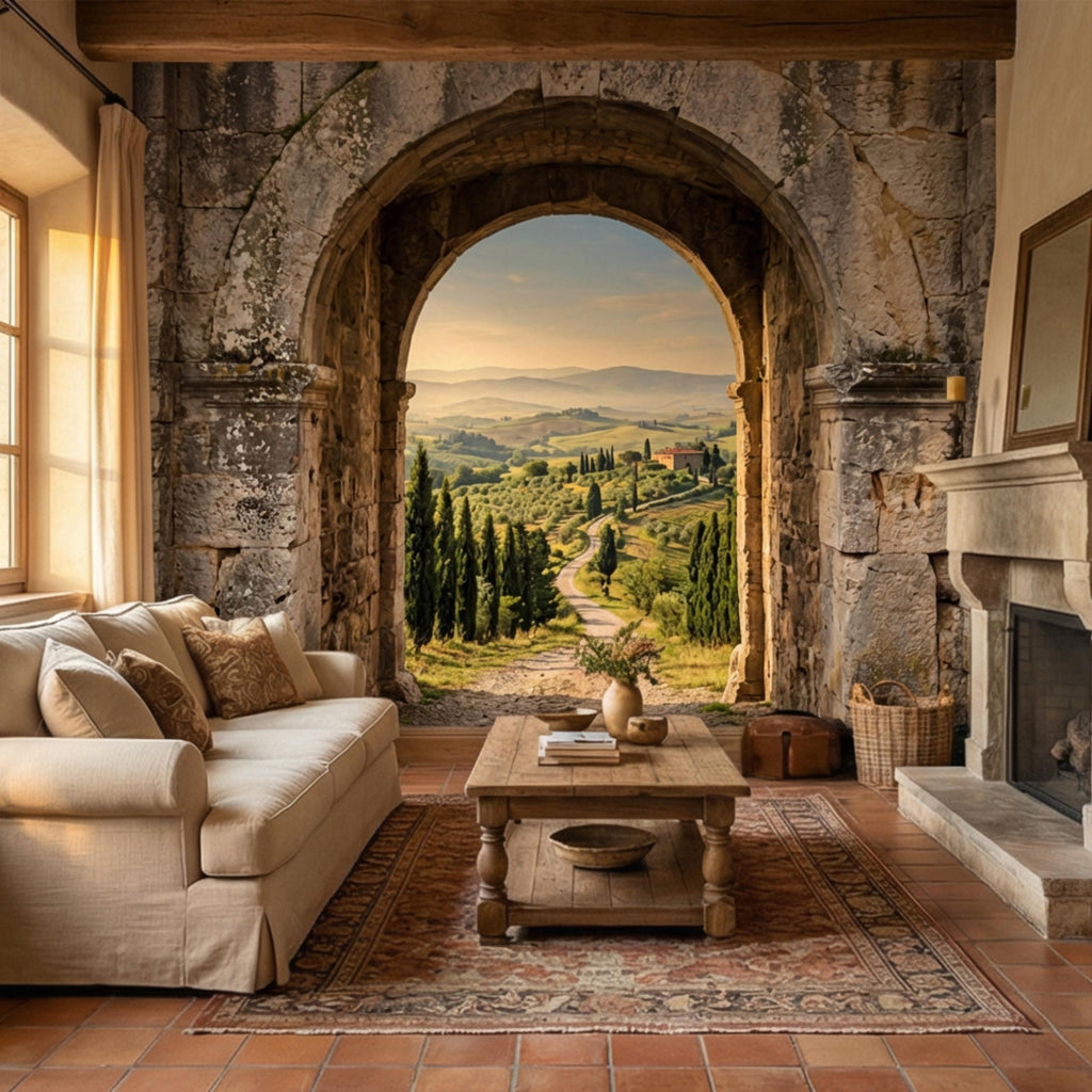 Tuscan Archway View Peel and Stick Wall Mural, Italian Countryside Villa Wallpaper