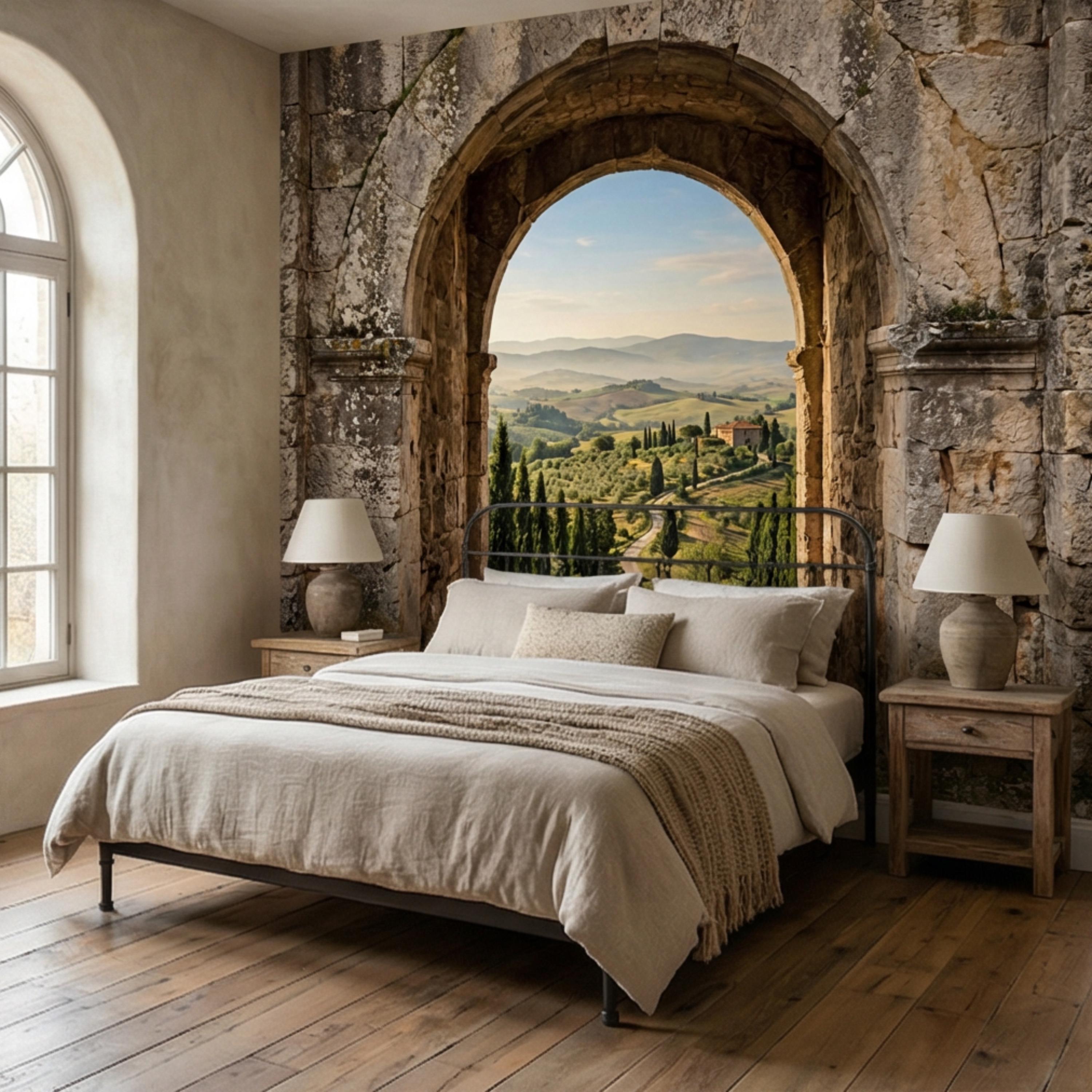 Tuscan Archway View Peel and Stick Wall Mural, Italian Countryside Villa Wallpaper