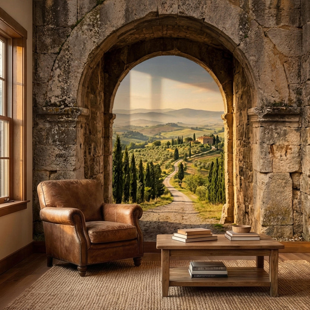 Tuscan Archway View Peel and Stick Wall Mural, Italian Countryside Villa Wallpaper
