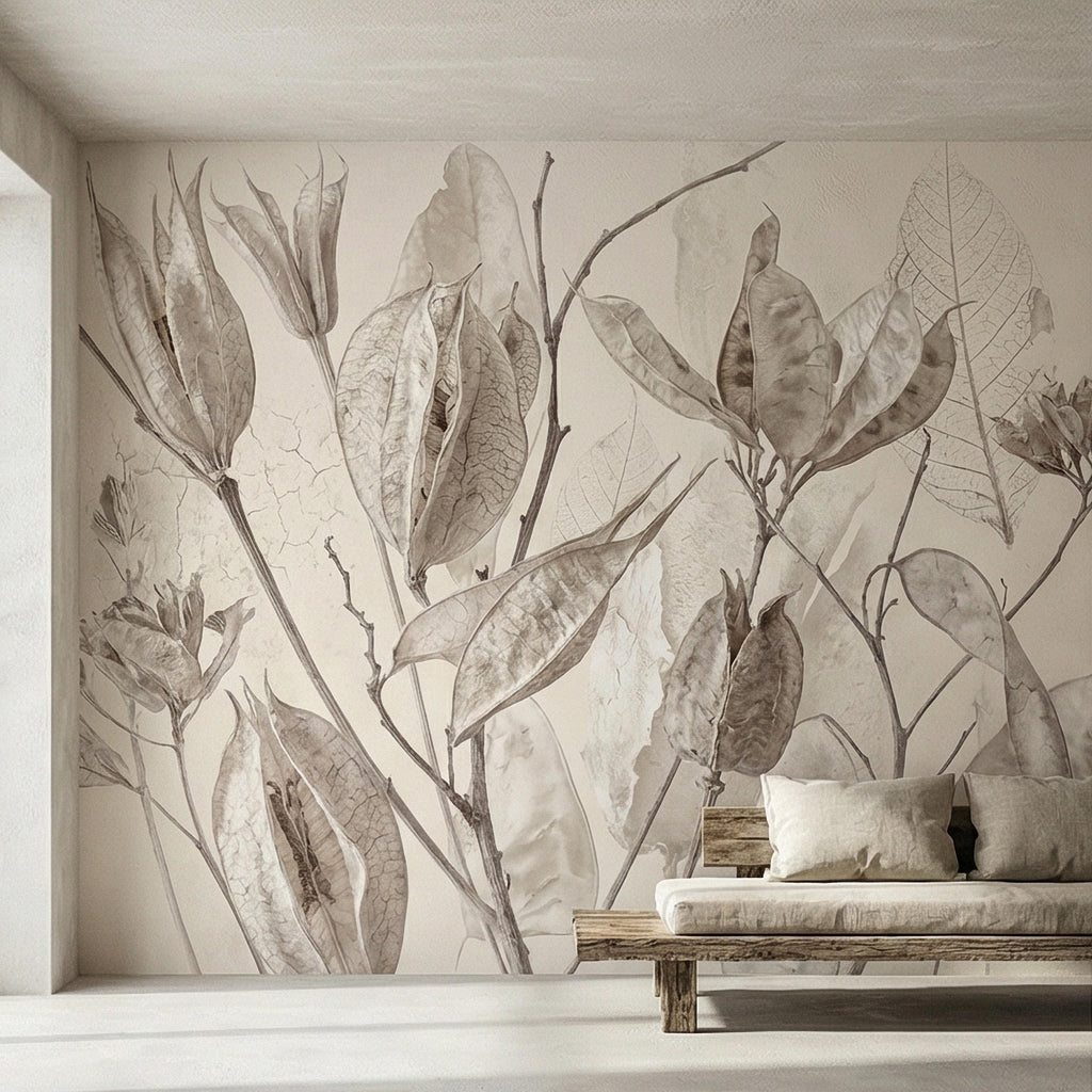 Neutral Botanical Peel and Stick Wall Mural, Soft Beige Dried Leaf, Minimal Organic Nature Textured Wallpaper