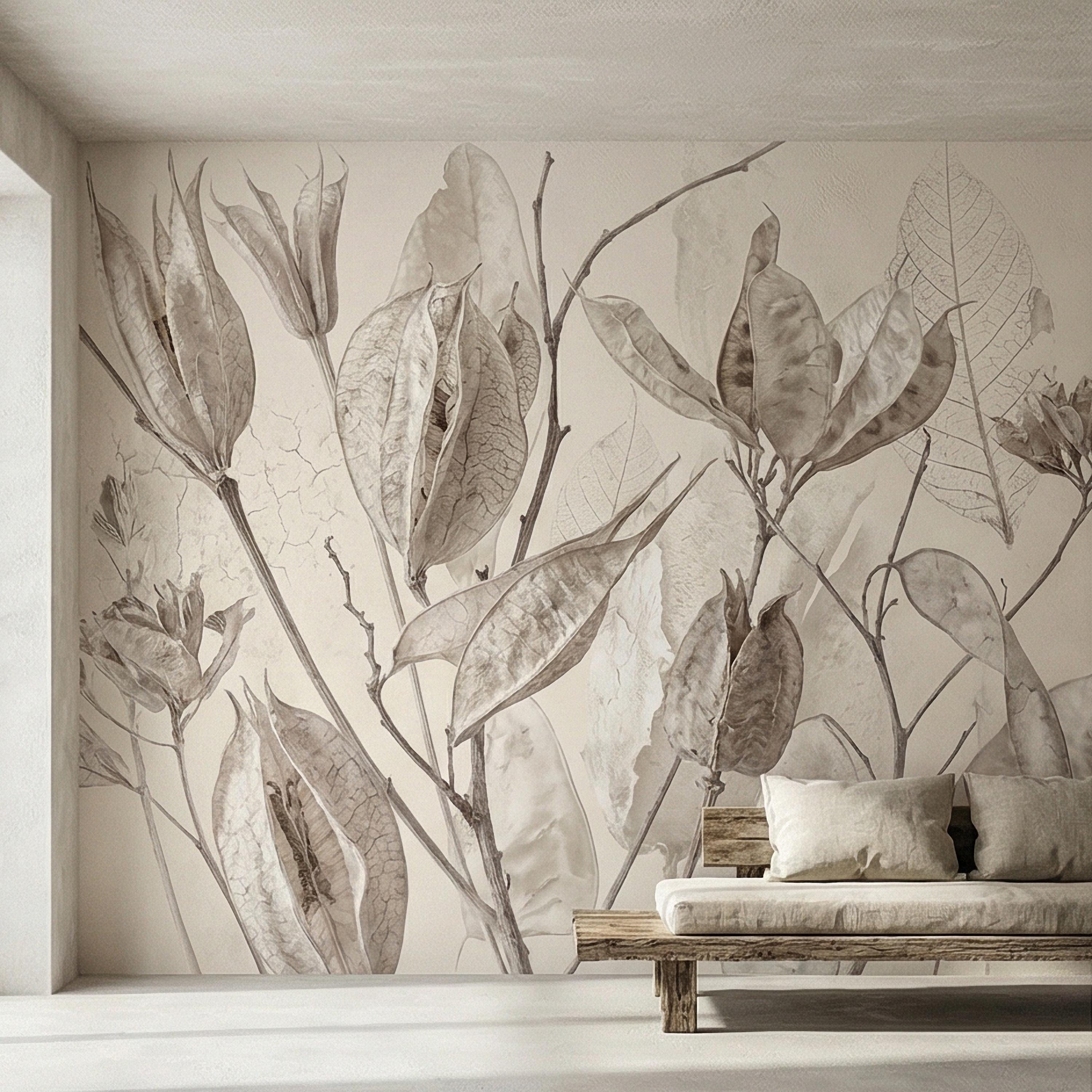 Neutral Botanical Peel and Stick Wall Mural, Soft Beige Dried Leaf, Minimal Organic Nature Textured Wallpaper