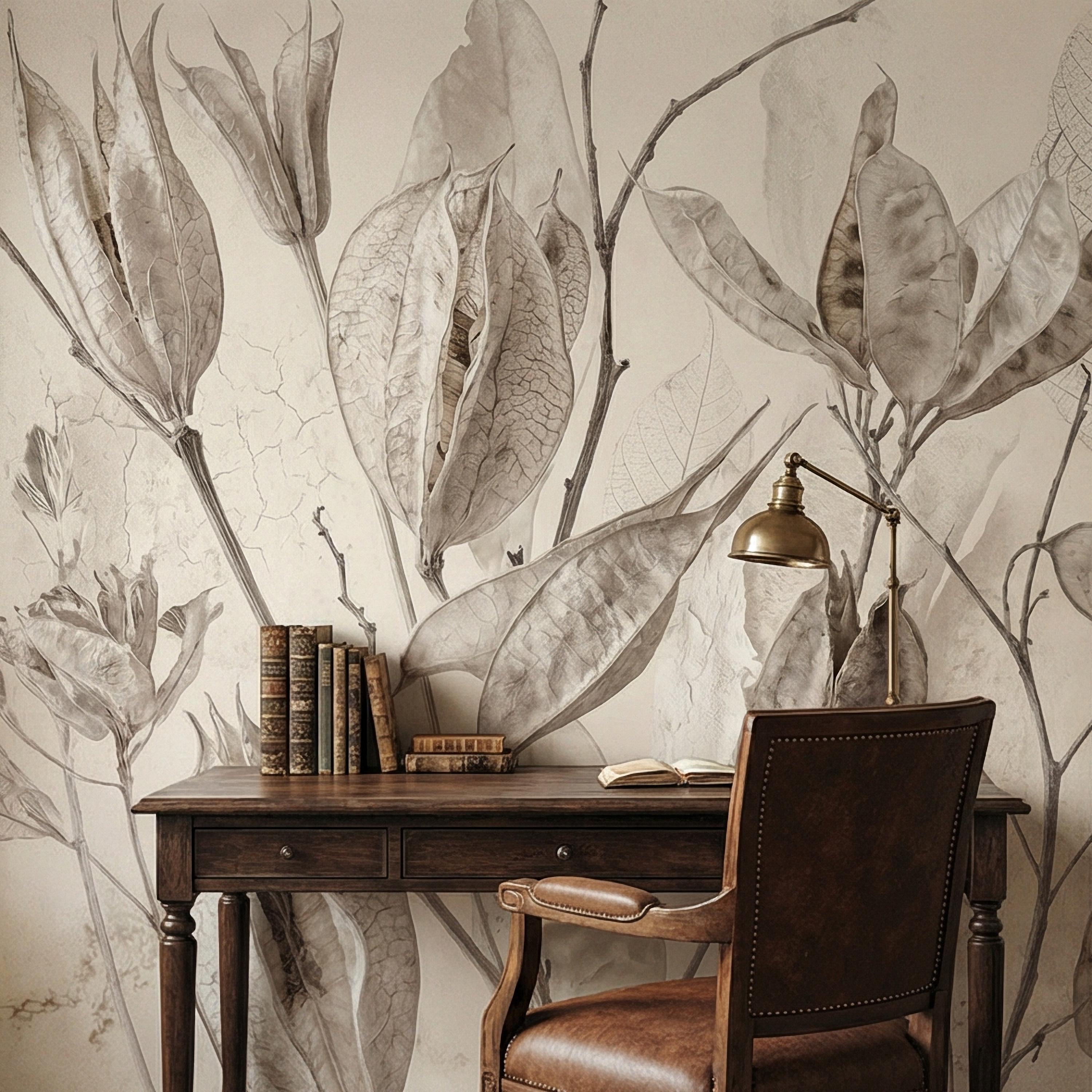 Neutral Botanical Peel and Stick Wall Mural, Soft Beige Dried Leaf, Minimal Organic Nature Textured Wallpaper