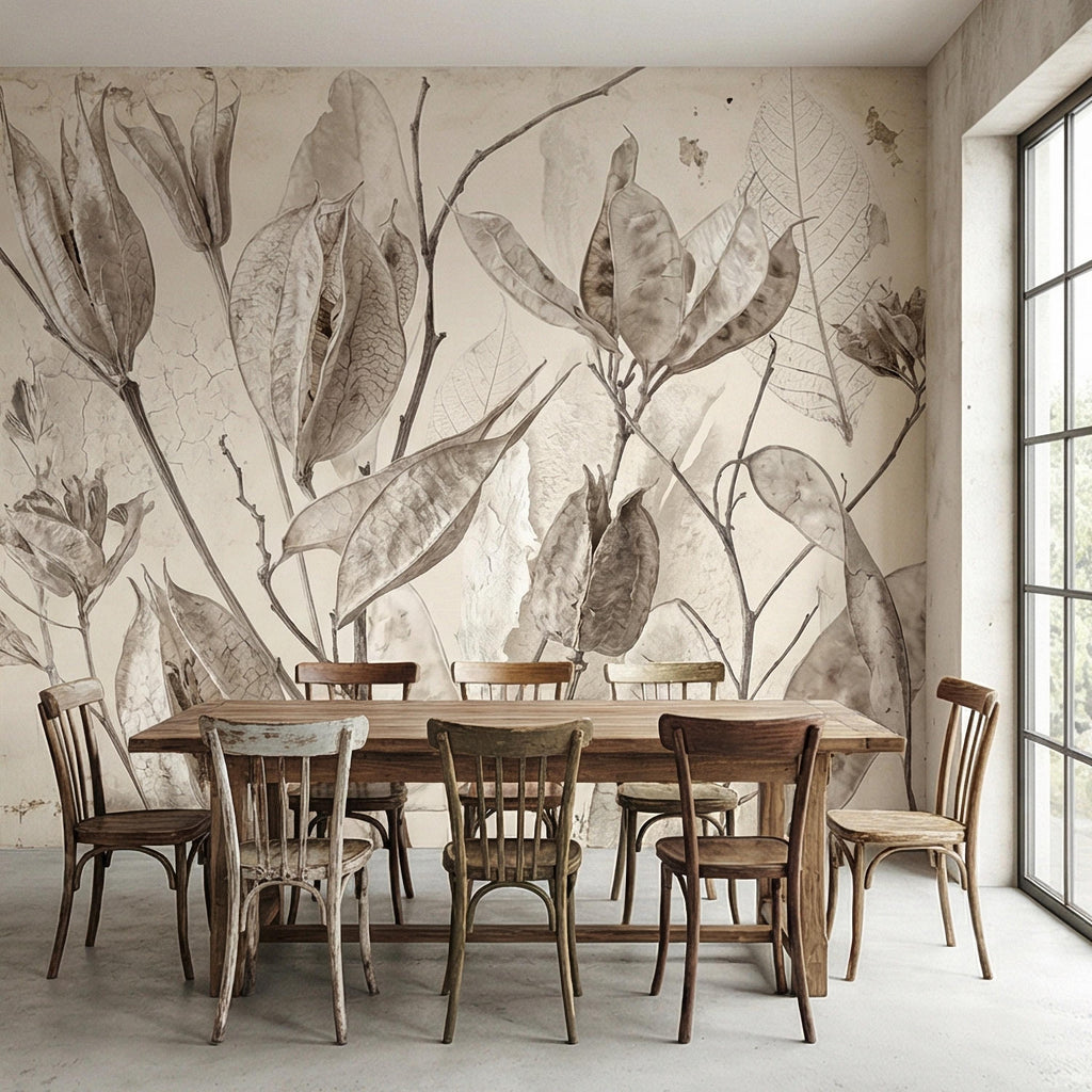 Neutral Botanical Peel and Stick Wall Mural, Soft Beige Dried Leaf, Minimal Organic Nature Textured Wallpaper