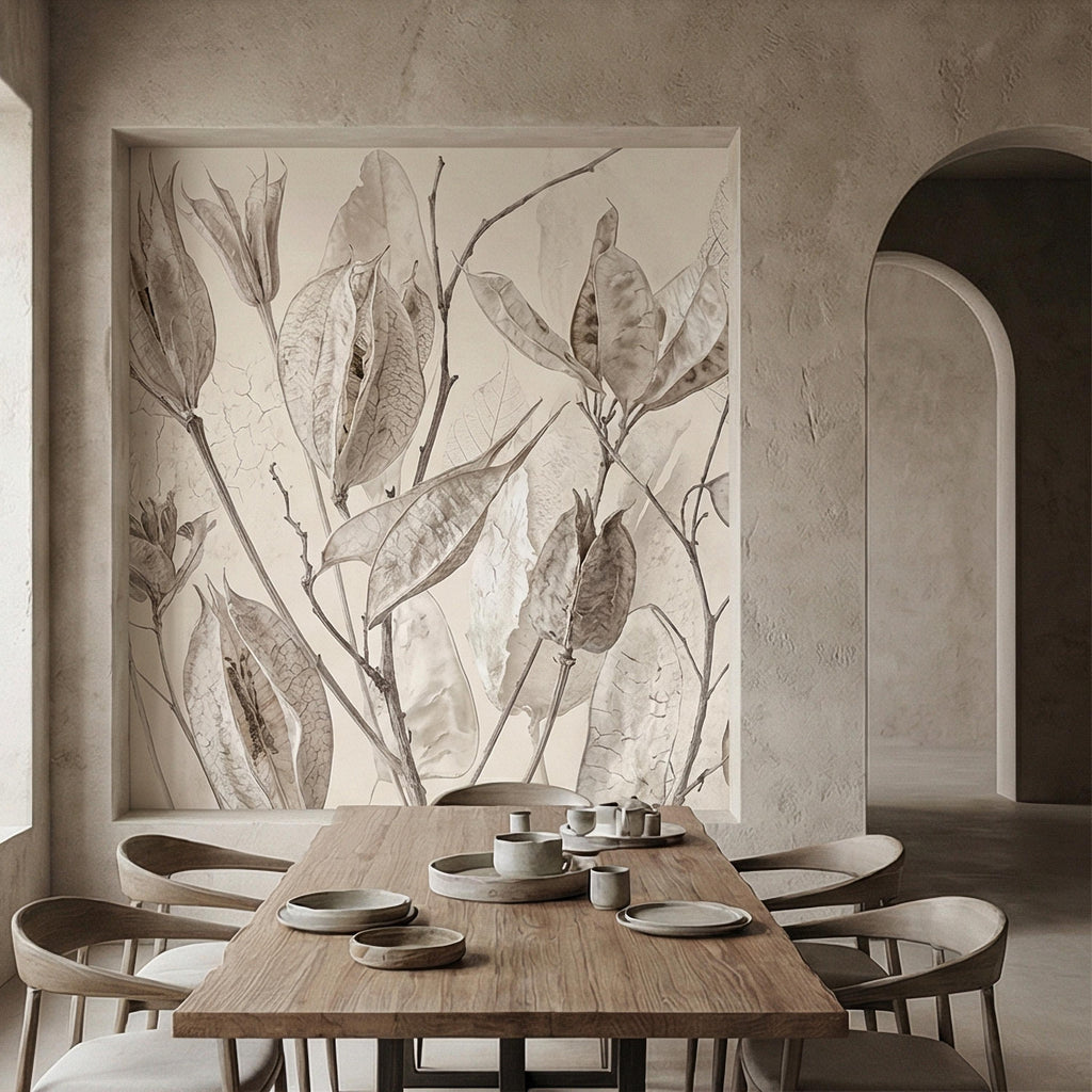 Neutral Botanical Peel and Stick Wall Mural, Soft Beige Dried Leaf, Minimal Organic Nature Textured Wallpaper