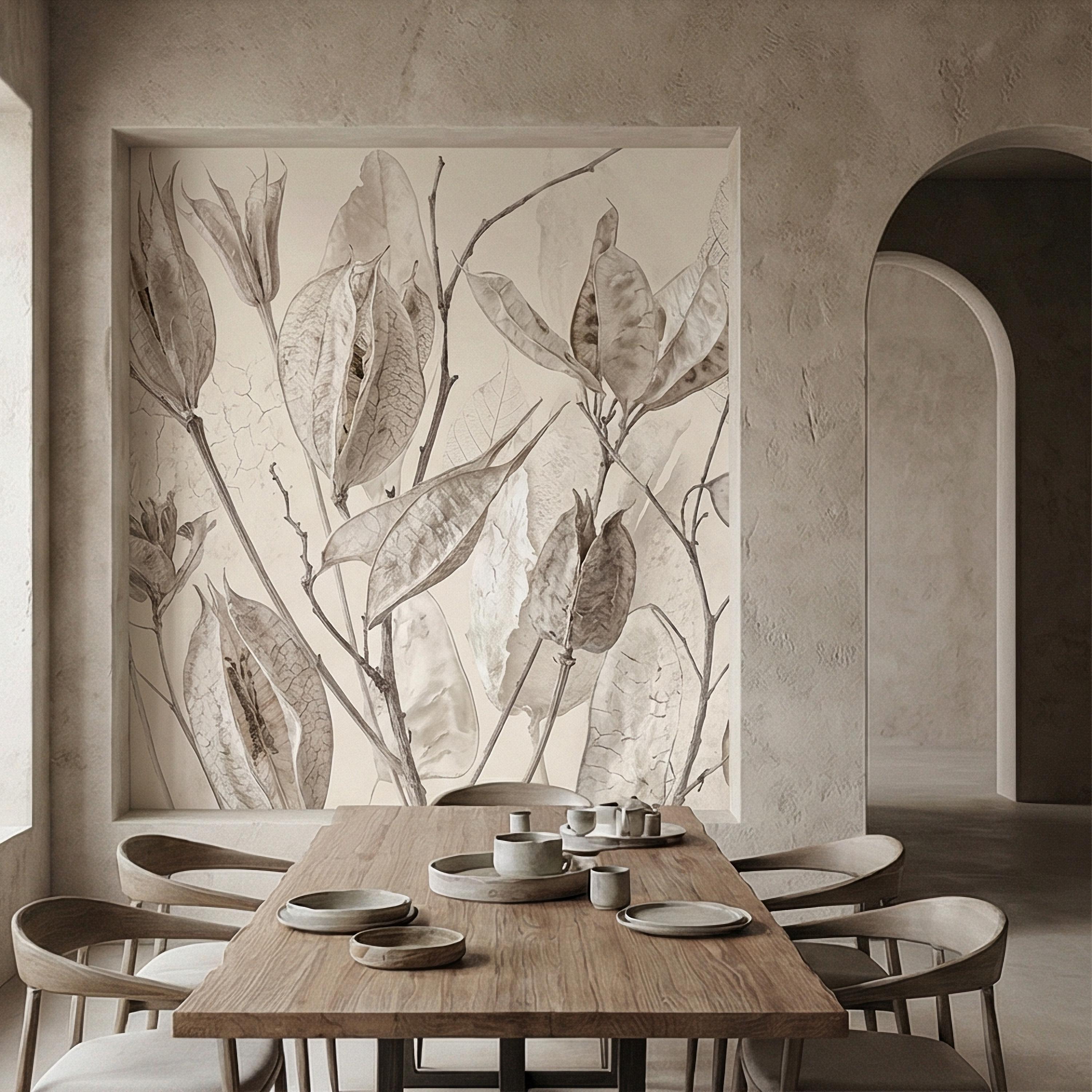 Neutral Botanical Peel and Stick Wall Mural, Soft Beige Dried Leaf, Minimal Organic Nature Textured Wallpaper