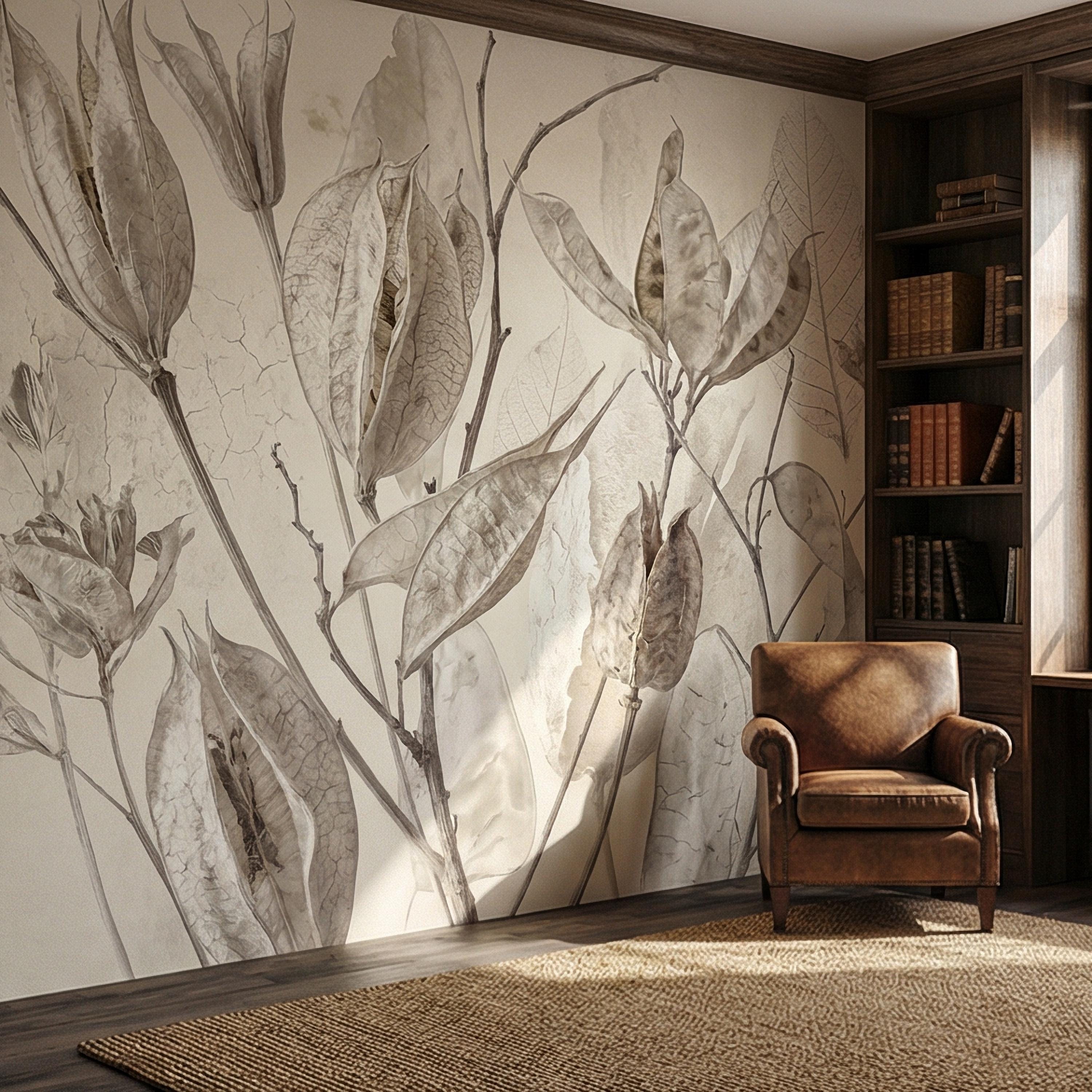 Neutral Botanical Peel and Stick Wall Mural, Soft Beige Dried Leaf, Minimal Organic Nature Textured Wallpaper
