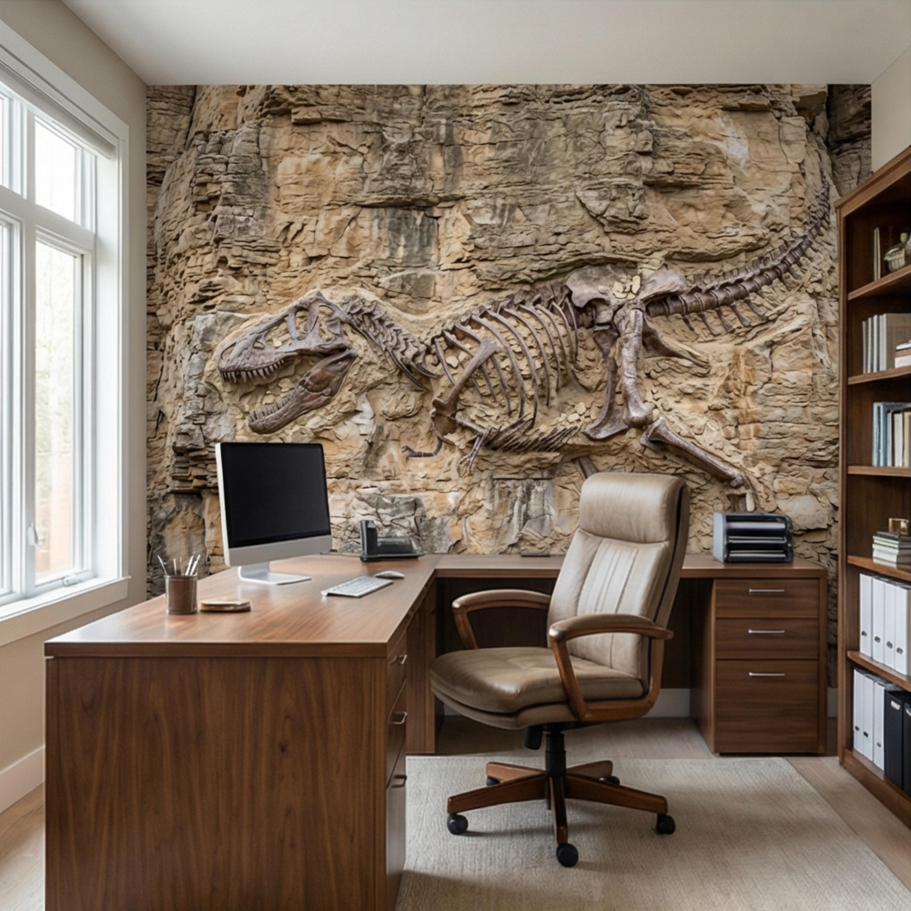 T Rex Fossil Rock Wall Peel and Stick Wall Mural, Prehistoric Dinosaur Skeleton Wallpaper