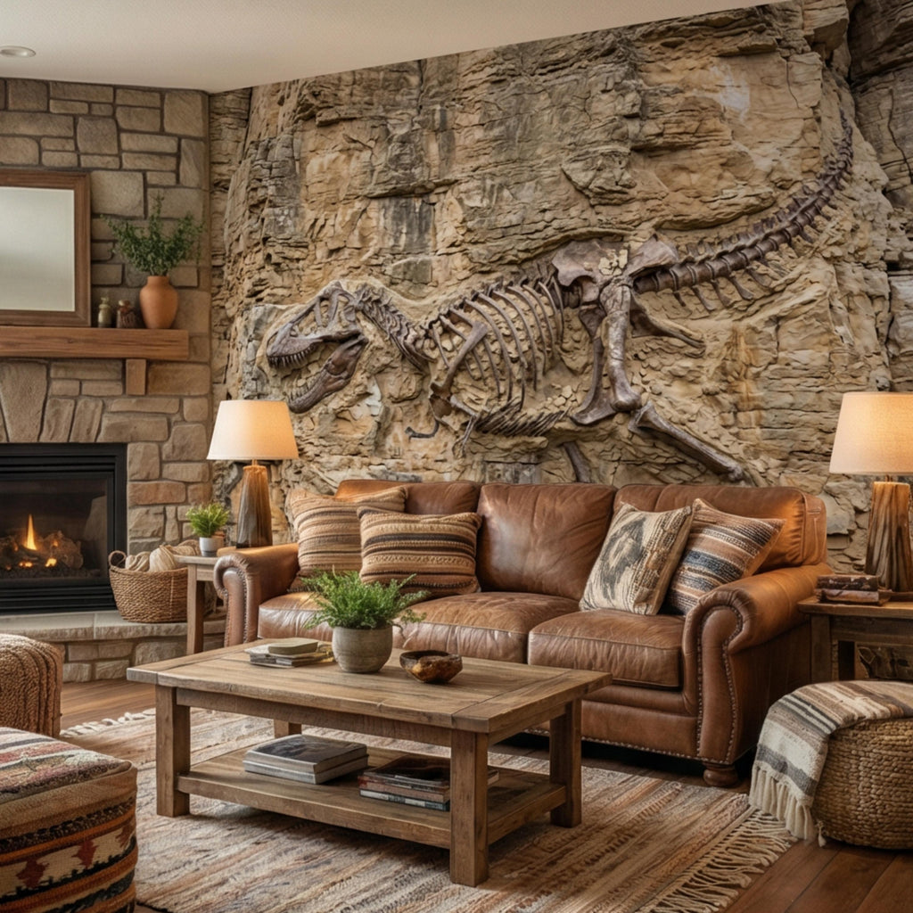 T Rex Fossil Rock Wall Peel and Stick Wall Mural, Prehistoric Dinosaur Skeleton Wallpaper
