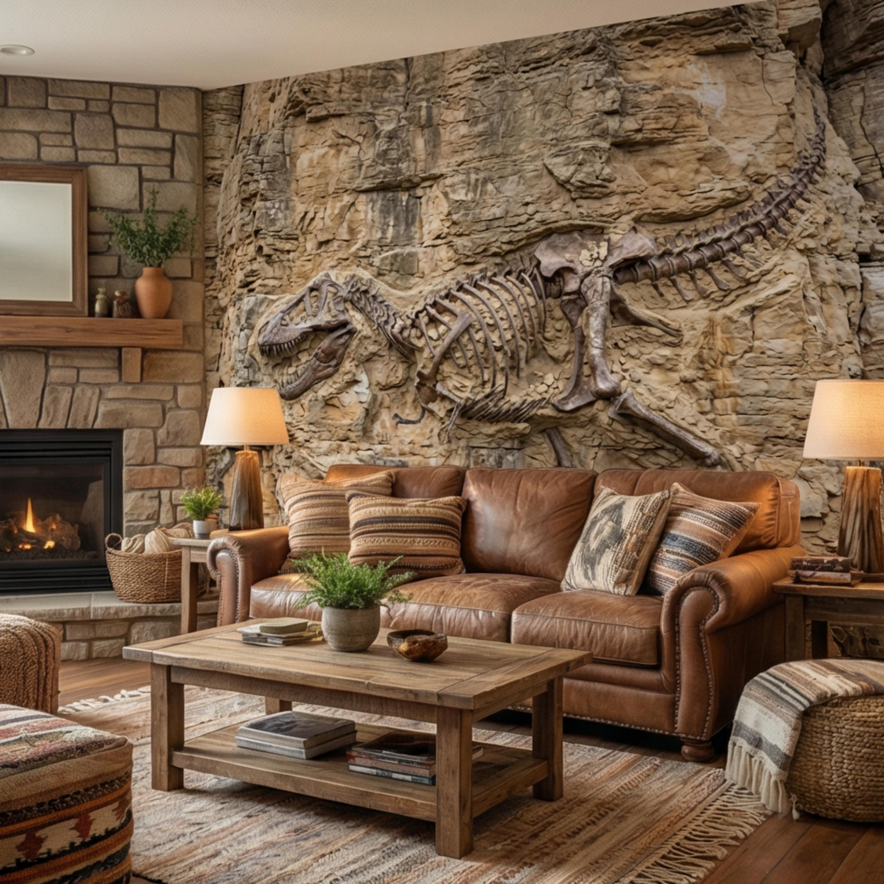 T Rex Fossil Rock Wall Peel and Stick Wall Mural, Prehistoric Dinosaur Skeleton Wallpaper