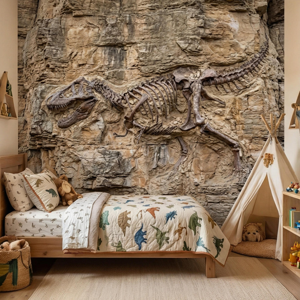 T Rex Fossil Rock Wall Peel and Stick Wall Mural, Prehistoric Dinosaur Skeleton Wallpaper