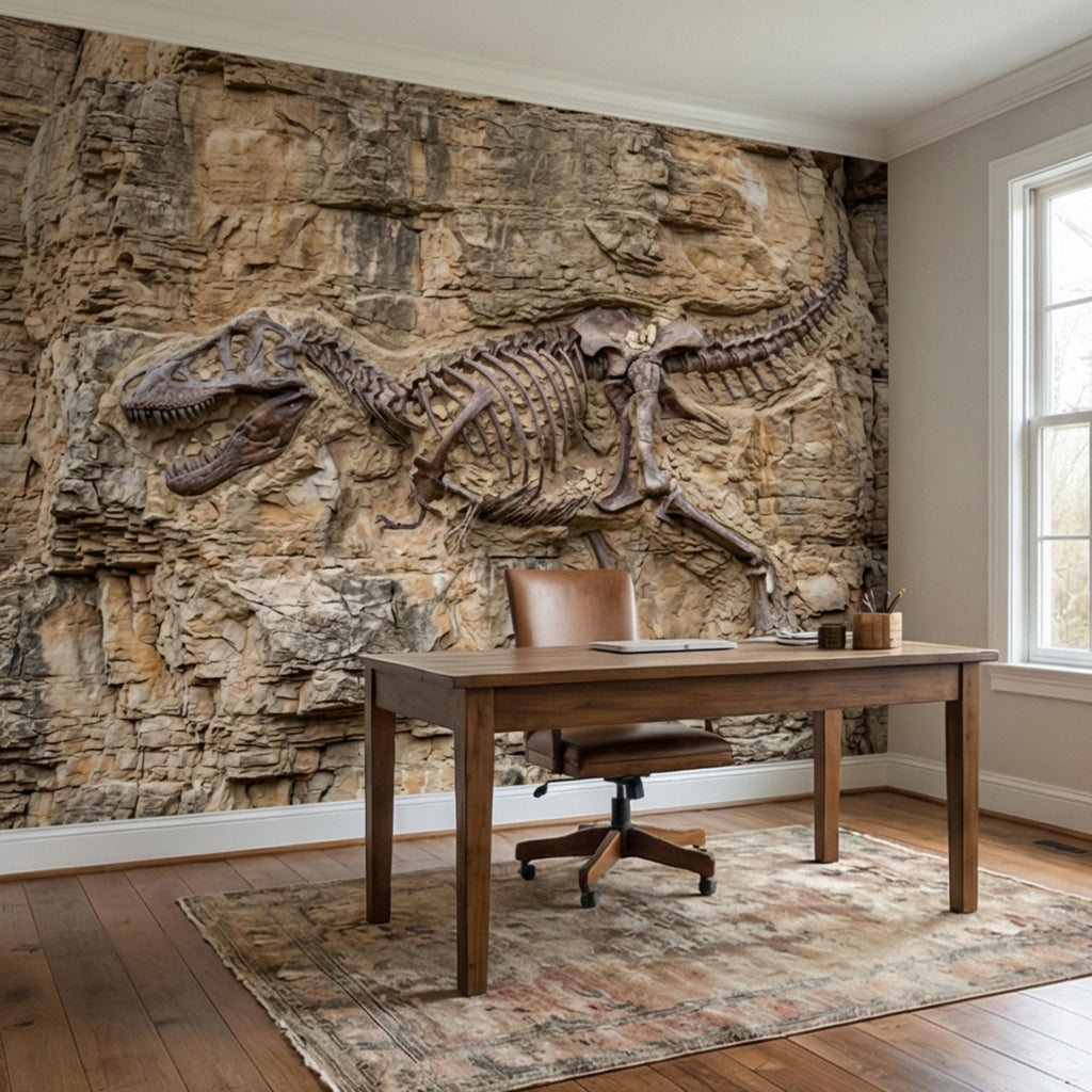 T Rex Fossil Rock Wall Peel and Stick Wall Mural, Prehistoric Dinosaur Skeleton Wallpaper