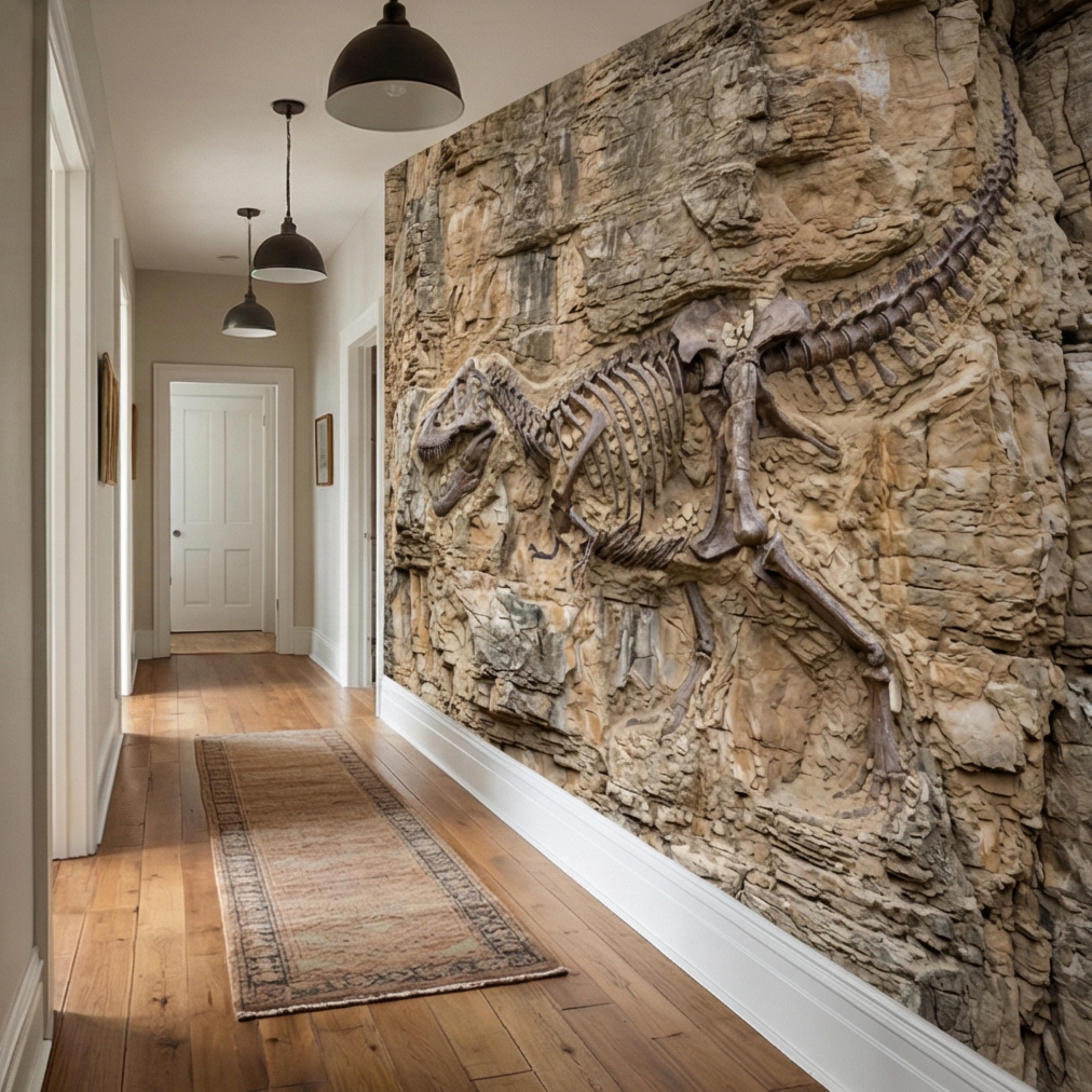 T Rex Fossil Rock Wall Peel and Stick Wall Mural, Prehistoric Dinosaur Skeleton Wallpaper