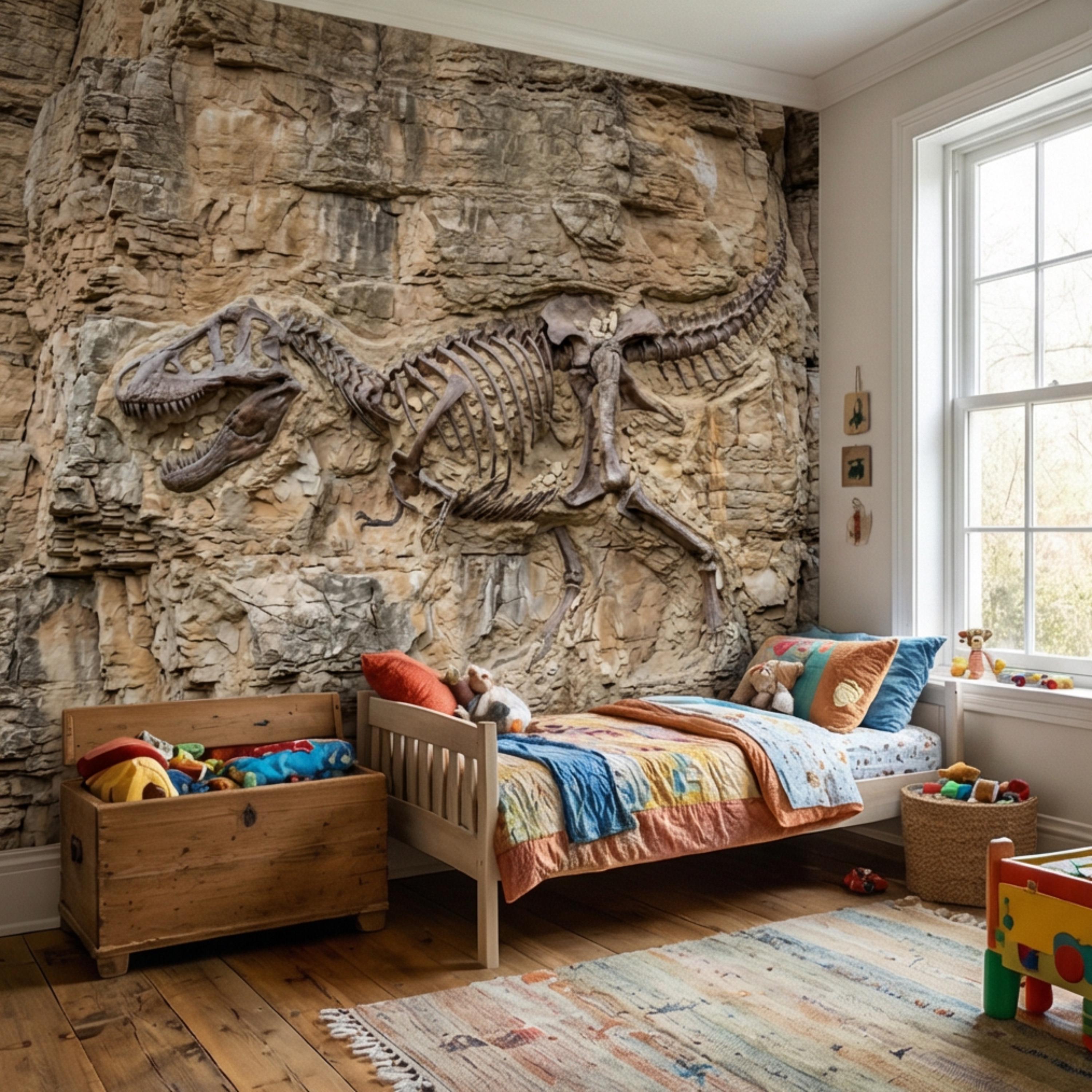 T Rex Fossil Rock Wall Peel and Stick Wall Mural, Prehistoric Dinosaur Skeleton Wallpaper