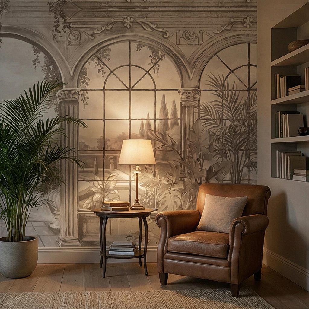 Neutral Architectural Peel and Stick Wall Mural, Elegant Conservatory View, Mediterranean Garden Scenic, Soft Beige Wallpaper