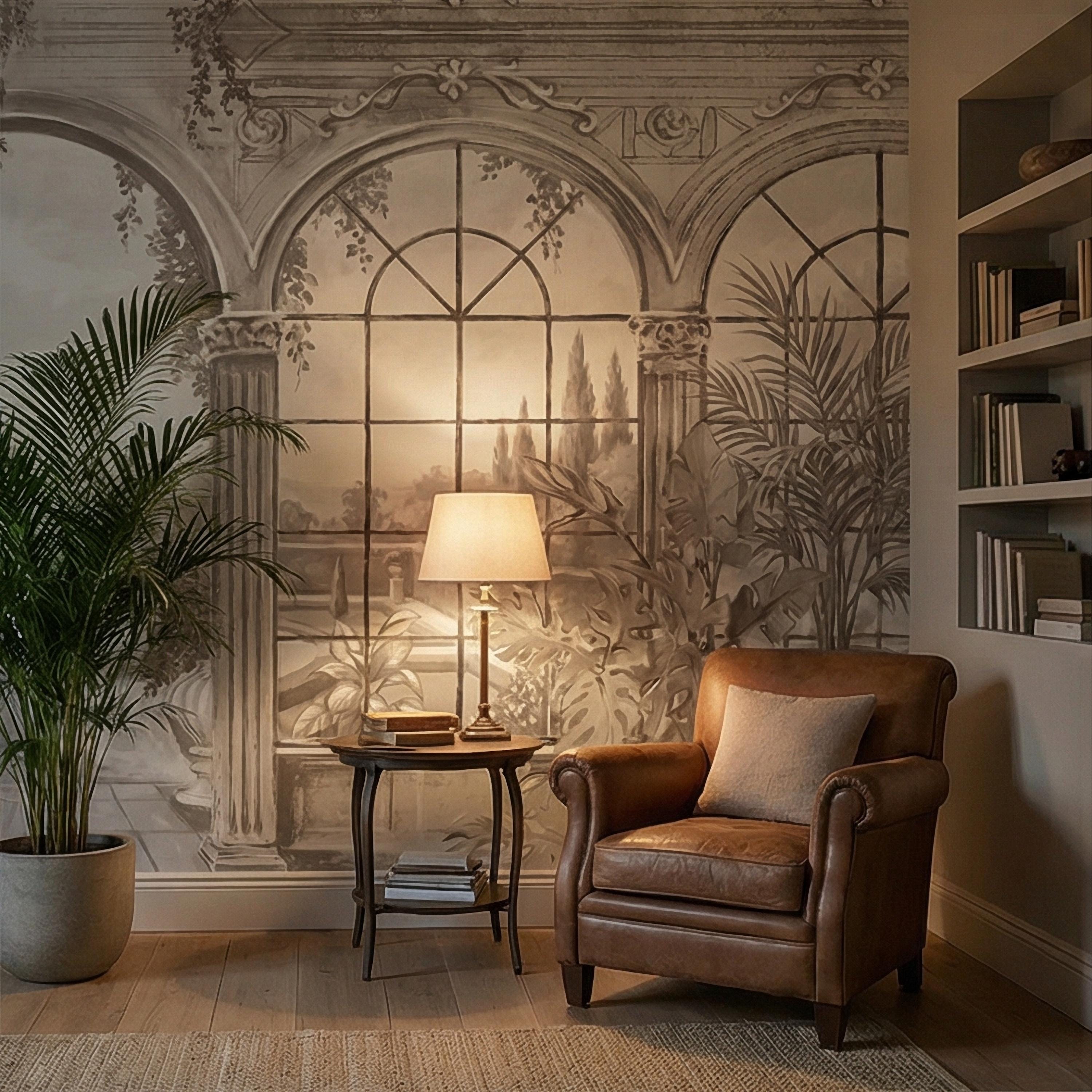 Neutral Architectural Peel and Stick Wall Mural, Elegant Conservatory View, Mediterranean Garden Scenic, Soft Beige Wallpaper