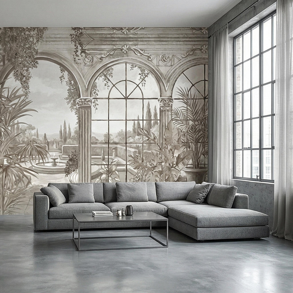 Neutral Architectural Peel and Stick Wall Mural, Elegant Conservatory View, Mediterranean Garden Scenic, Soft Beige Wallpaper