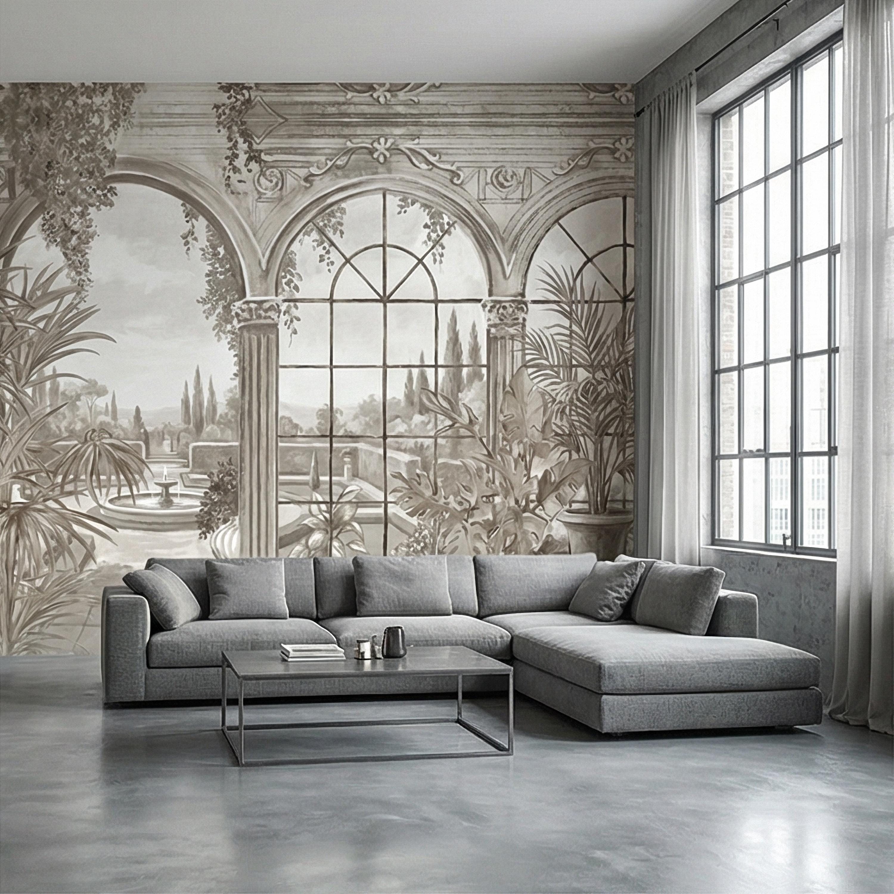 Neutral Architectural Peel and Stick Wall Mural, Elegant Conservatory View, Mediterranean Garden Scenic, Soft Beige Wallpaper