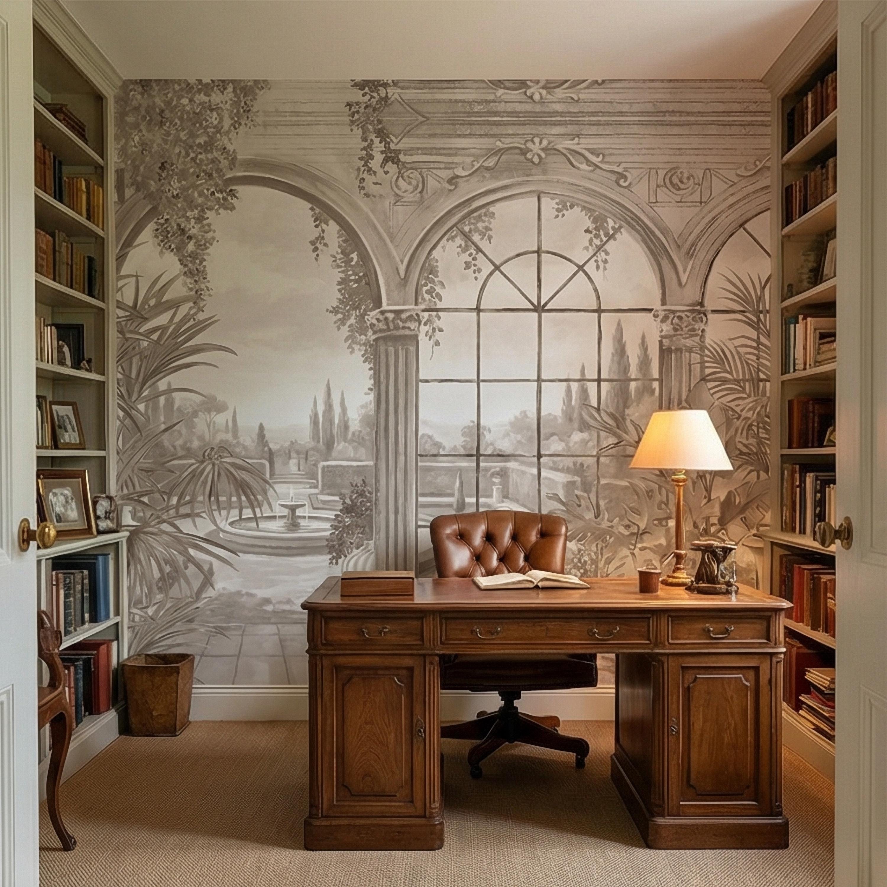Neutral Architectural Peel and Stick Wall Mural, Elegant Conservatory View, Mediterranean Garden Scenic, Soft Beige Wallpaper