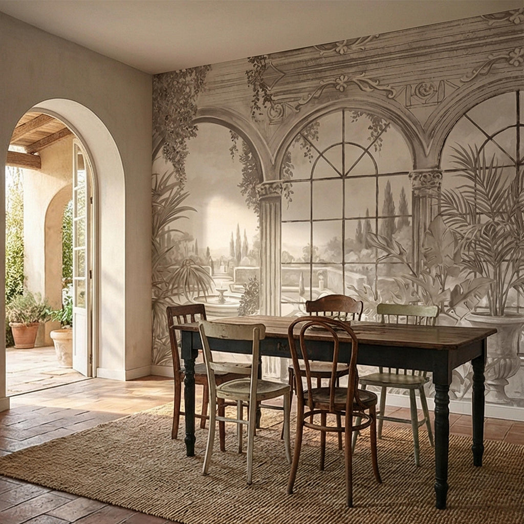 Neutral Architectural Peel and Stick Wall Mural, Elegant Conservatory View, Mediterranean Garden Scenic, Soft Beige Wallpaper