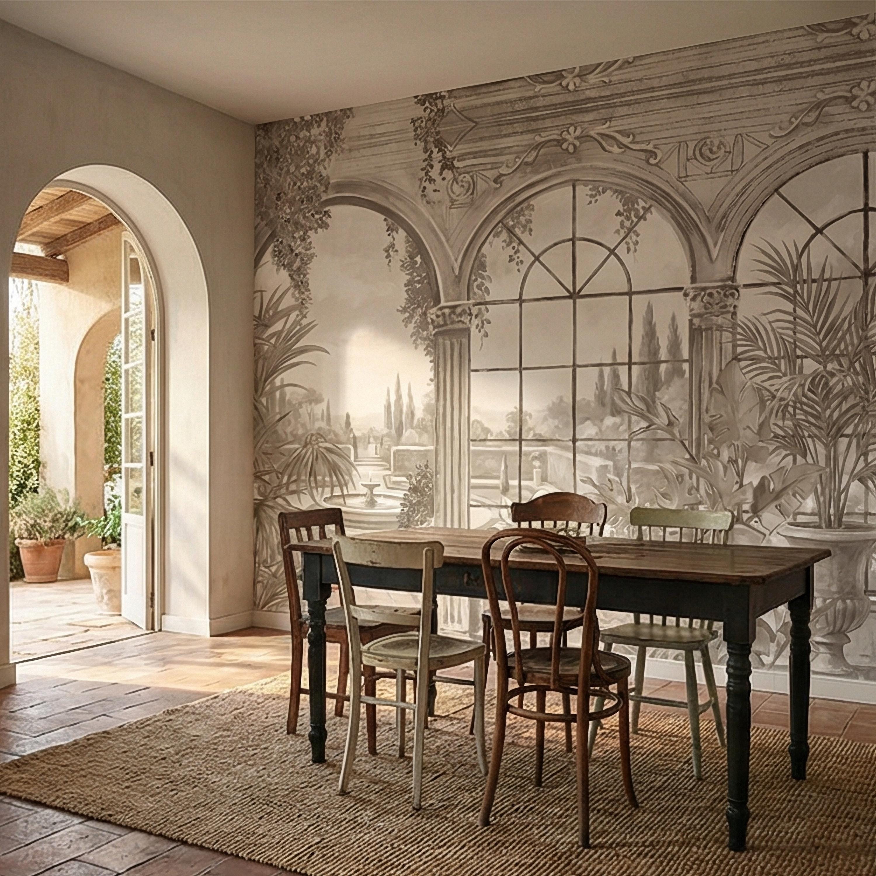 Neutral Architectural Peel and Stick Wall Mural, Elegant Conservatory View, Mediterranean Garden Scenic, Soft Beige Wallpaper
