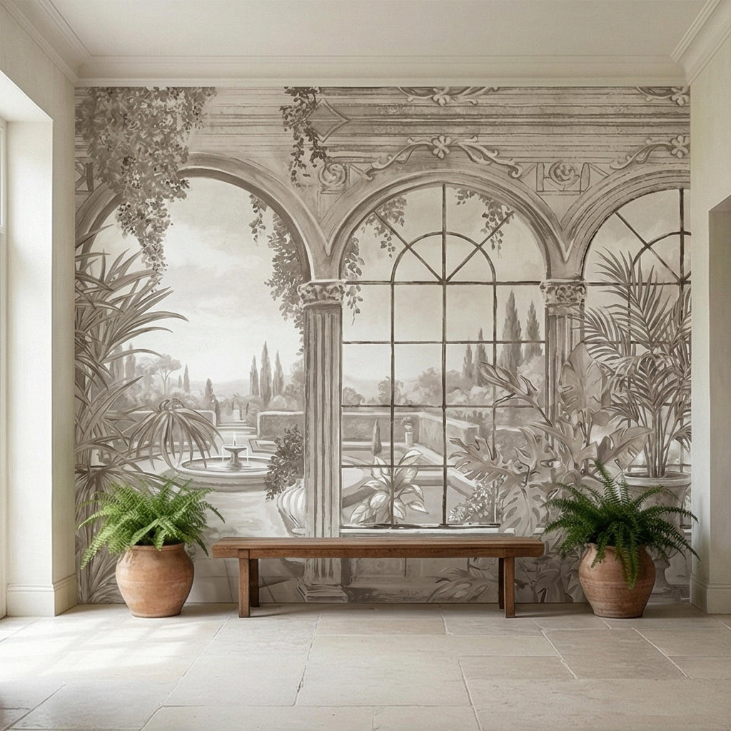 Neutral Architectural Peel and Stick Wall Mural, Elegant Conservatory View, Mediterranean Garden Scenic, Soft Beige Wallpaper