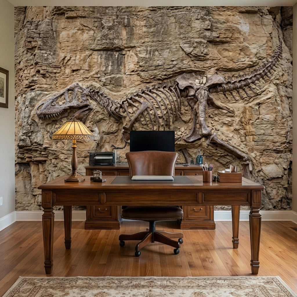 T Rex Fossil Rock Wall Peel and Stick Wall Mural, Prehistoric Dinosaur Skeleton Wallpaper
