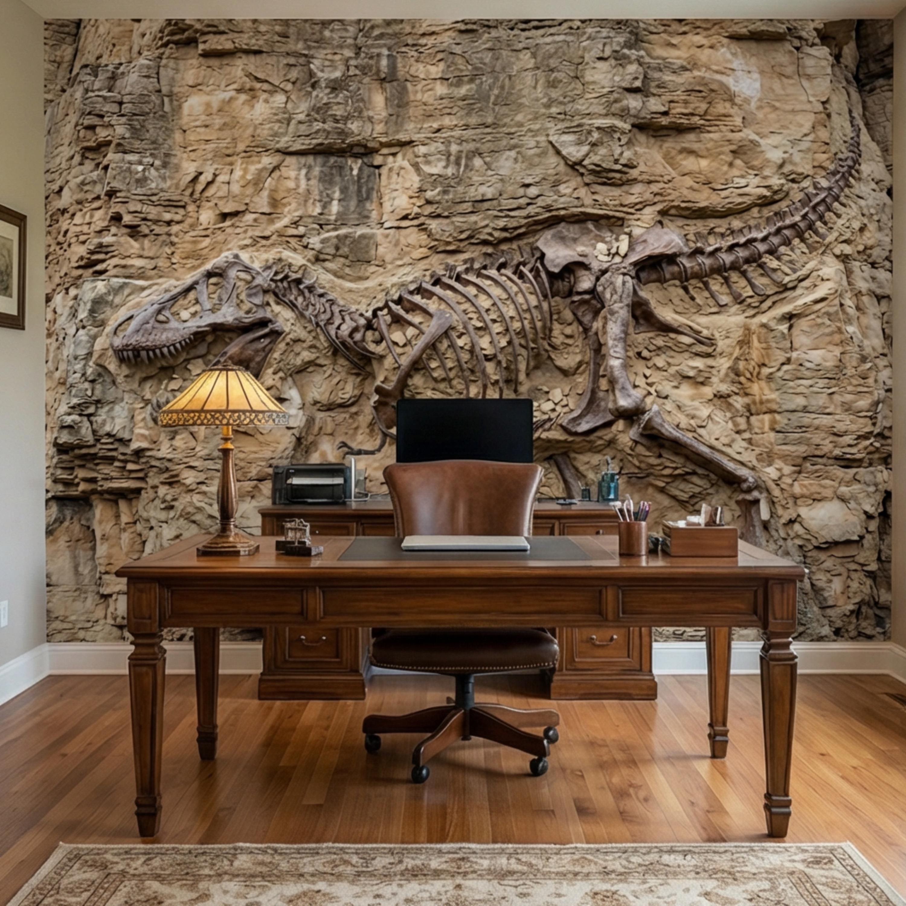 T Rex Fossil Rock Wall Peel and Stick Wall Mural, Prehistoric Dinosaur Skeleton Wallpaper