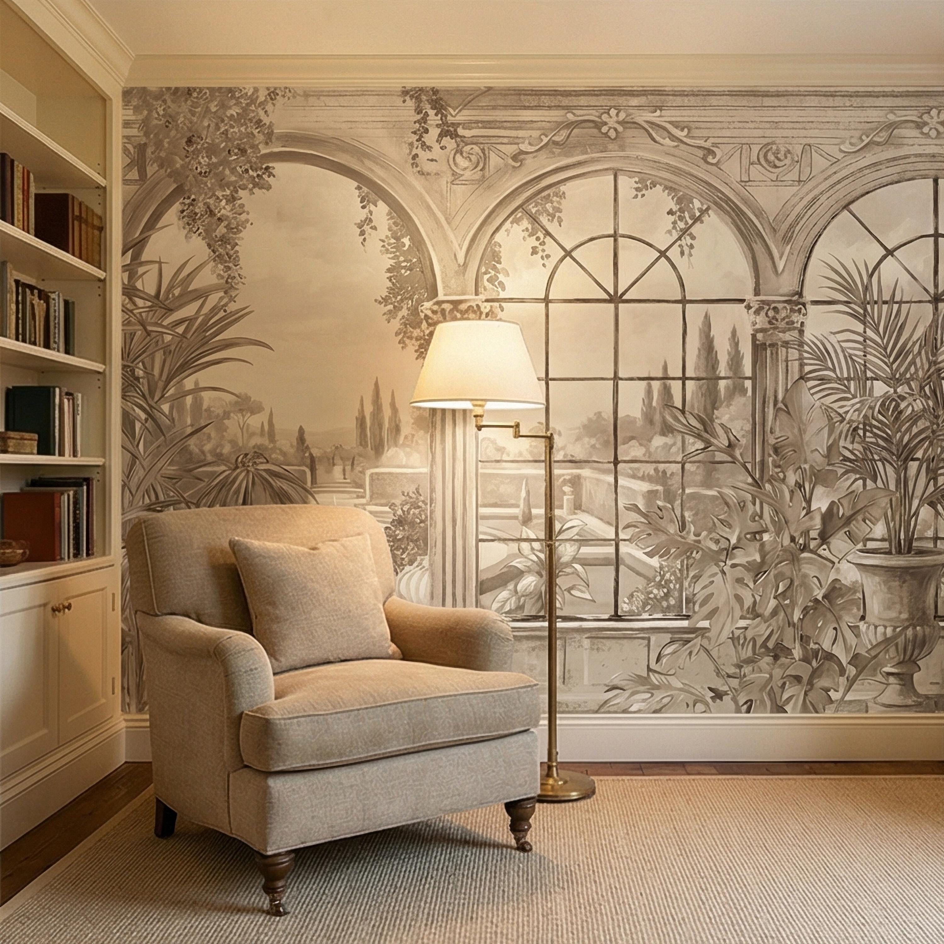 Neutral Architectural Peel and Stick Wall Mural, Elegant Conservatory View, Mediterranean Garden Scenic, Soft Beige Wallpaper