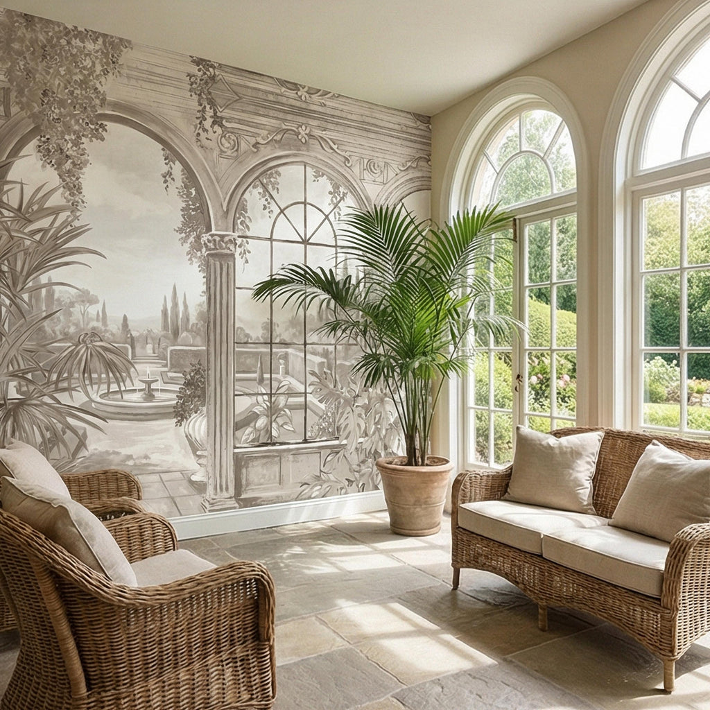 Neutral Architectural Peel and Stick Wall Mural, Elegant Conservatory View, Mediterranean Garden Scenic, Soft Beige Wallpaper