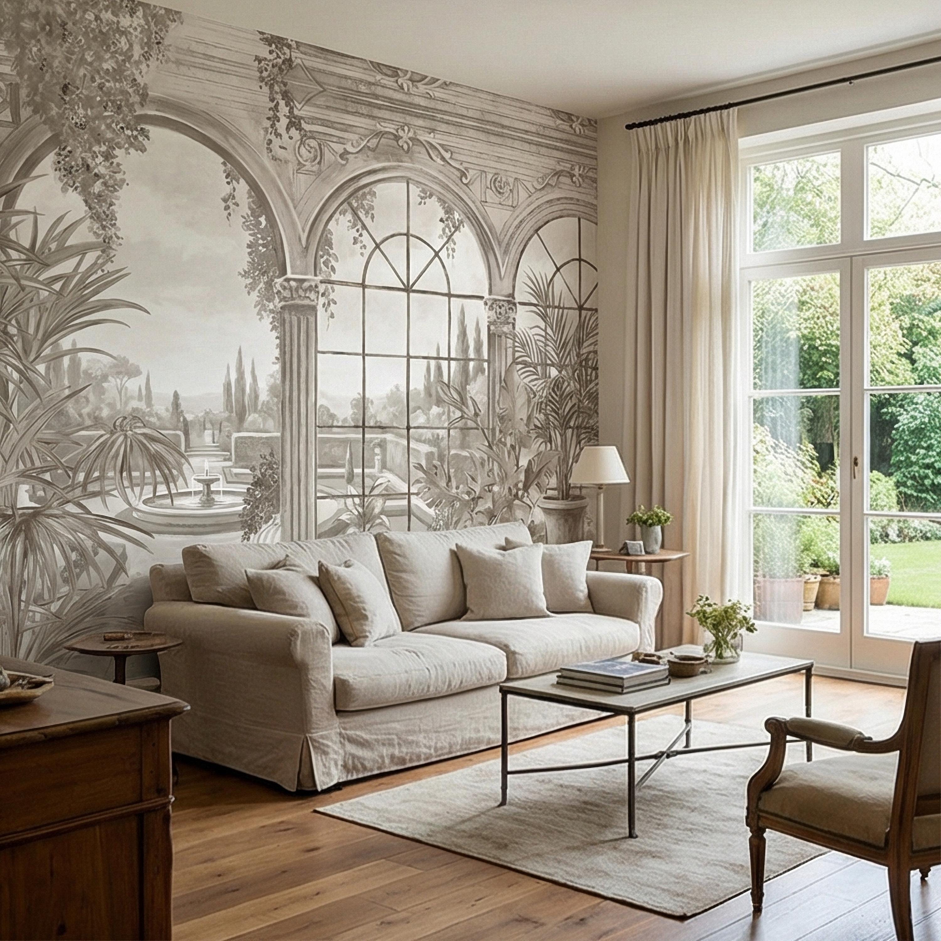 Neutral Architectural Peel and Stick Wall Mural, Elegant Conservatory View, Mediterranean Garden Scenic, Soft Beige Wallpaper
