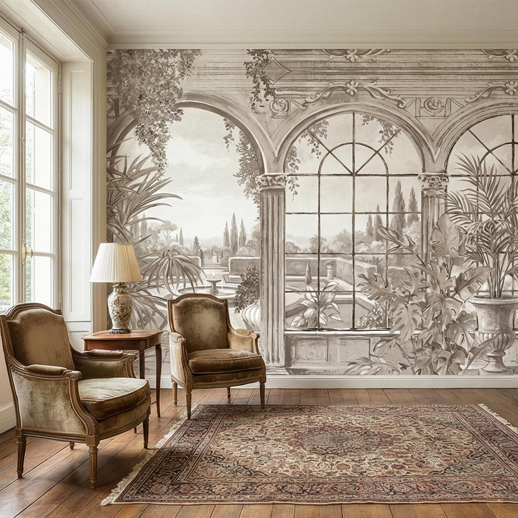 Neutral Architectural Peel and Stick Wall Mural, Elegant Conservatory View, Mediterranean Garden Scenic, Soft Beige Wallpaper