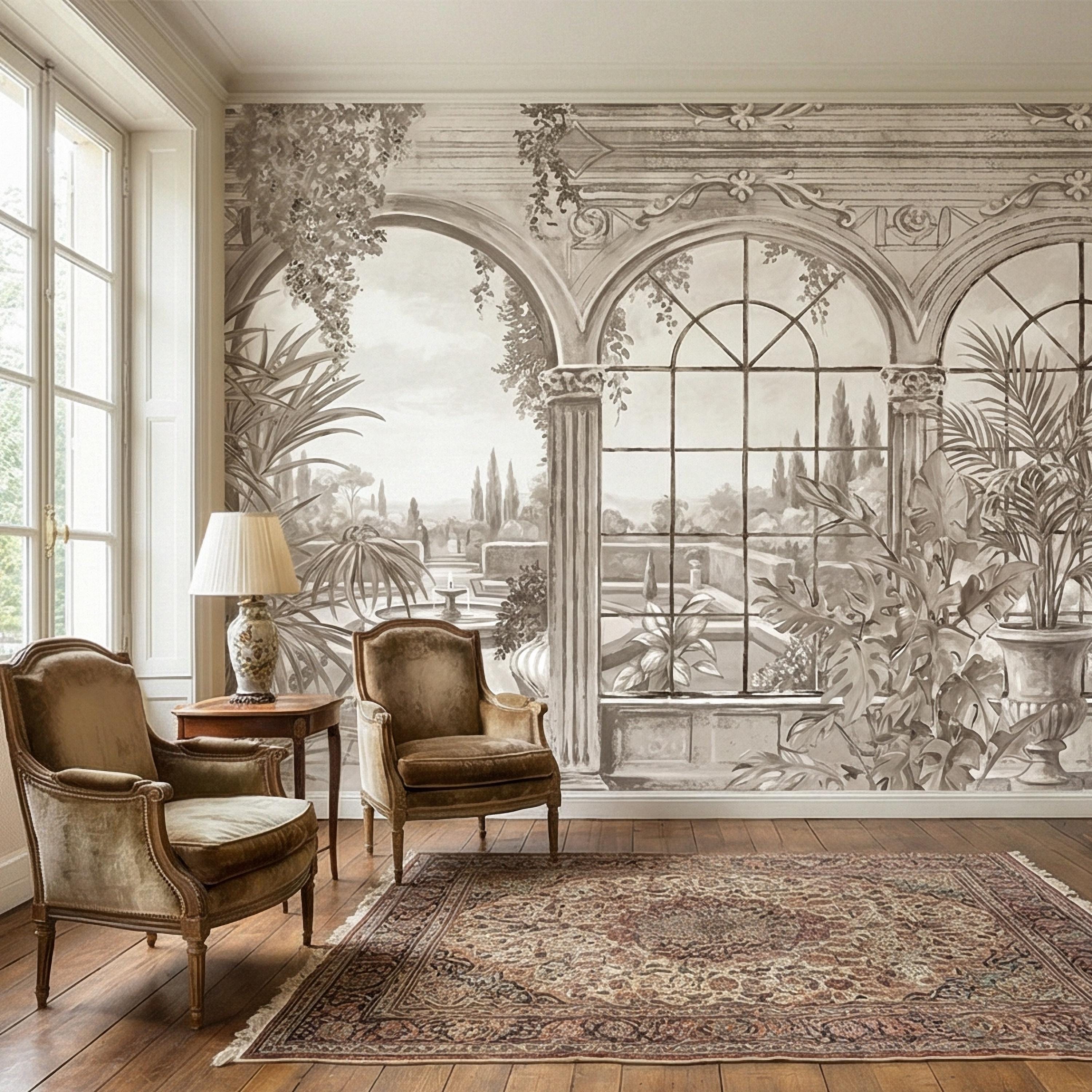 Neutral Architectural Peel and Stick Wall Mural, Elegant Conservatory View, Mediterranean Garden Scenic, Soft Beige Wallpaper