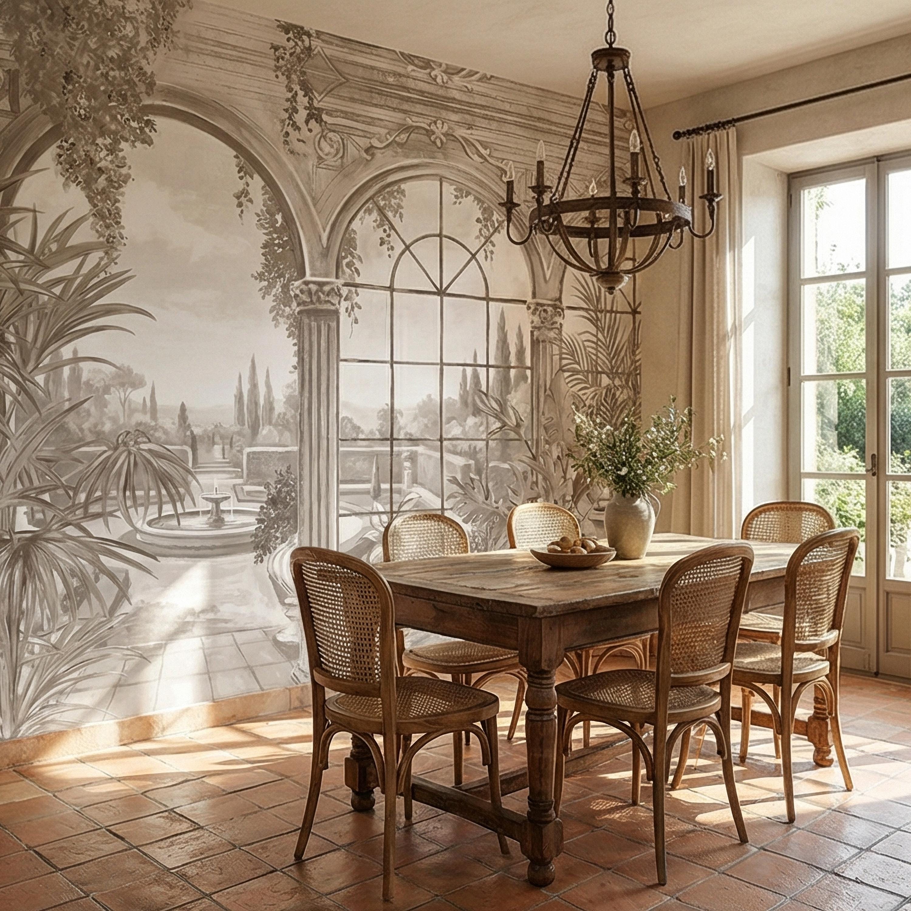 Neutral Architectural Peel and Stick Wall Mural, Elegant Conservatory View, Mediterranean Garden Scenic, Soft Beige Wallpaper