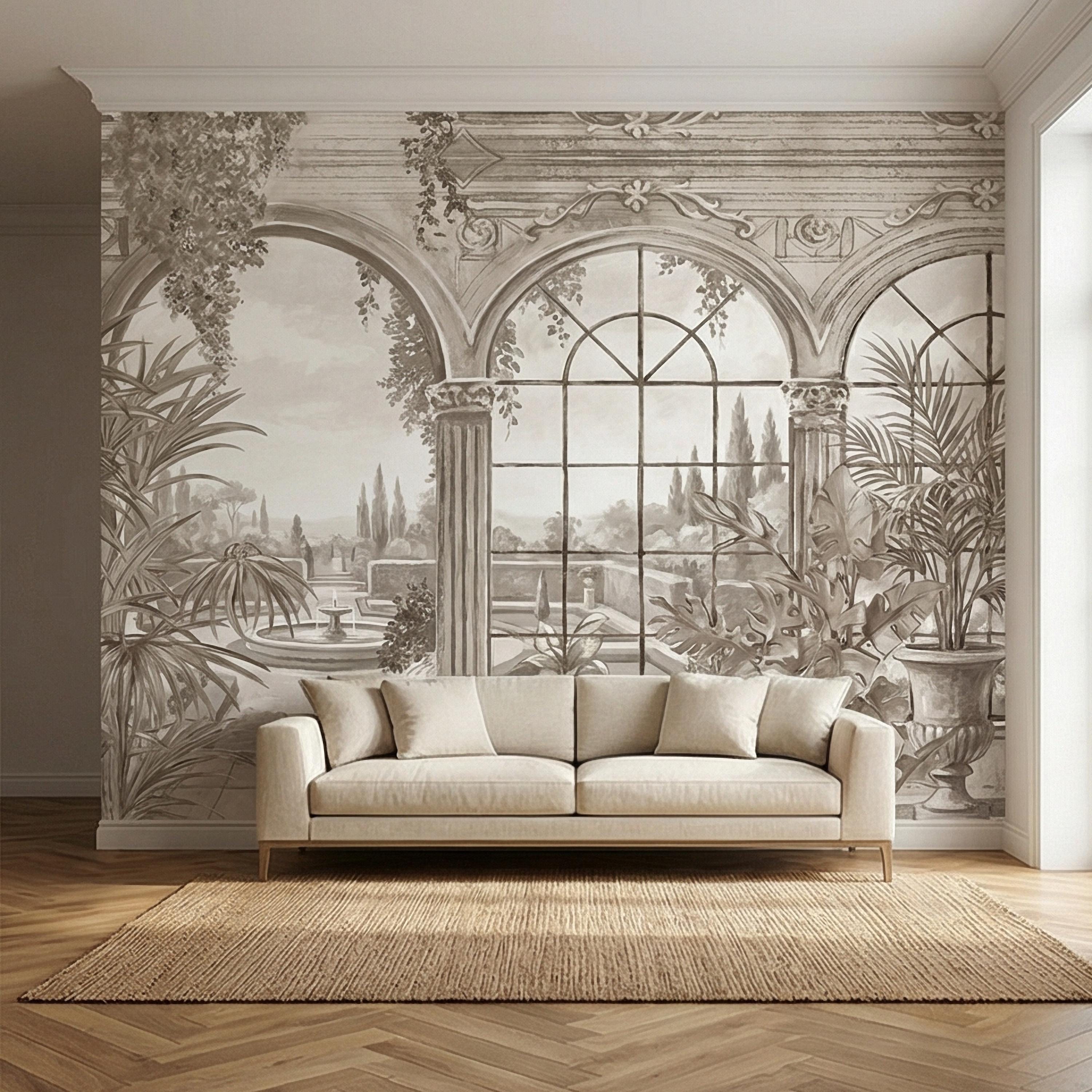 Neutral Architectural Peel and Stick Wall Mural, Elegant Conservatory View, Mediterranean Garden Scenic, Soft Beige Wallpaper