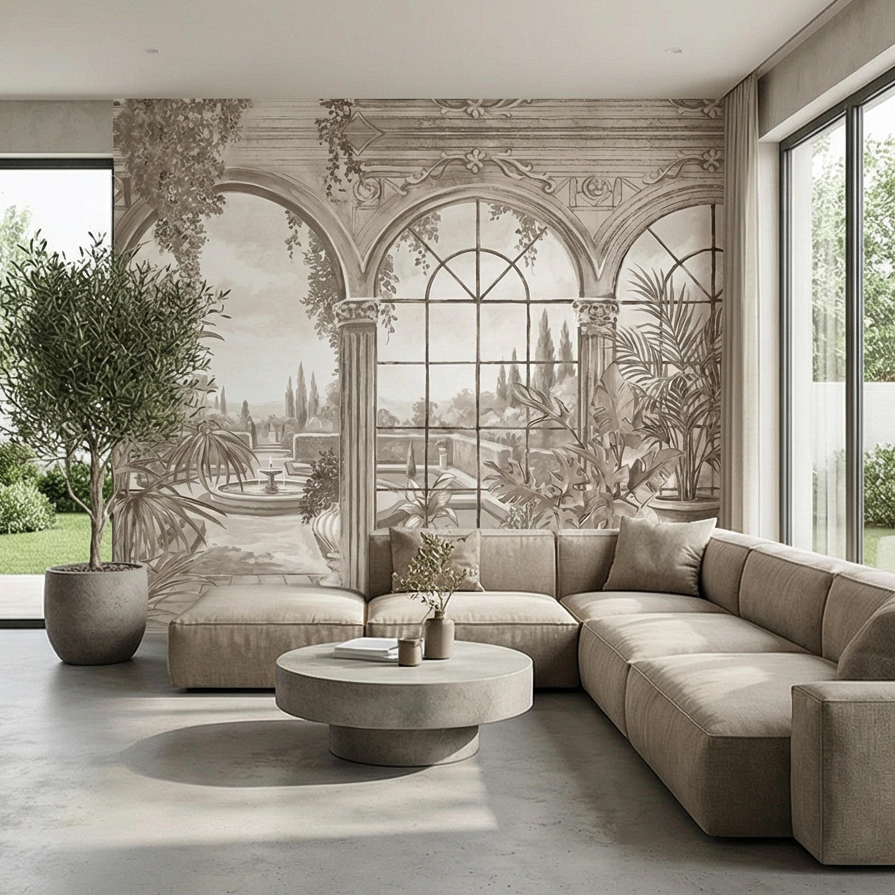 Neutral Architectural Peel and Stick Wall Mural, Elegant Conservatory View, Mediterranean Garden Scenic, Soft Beige Wallpaper