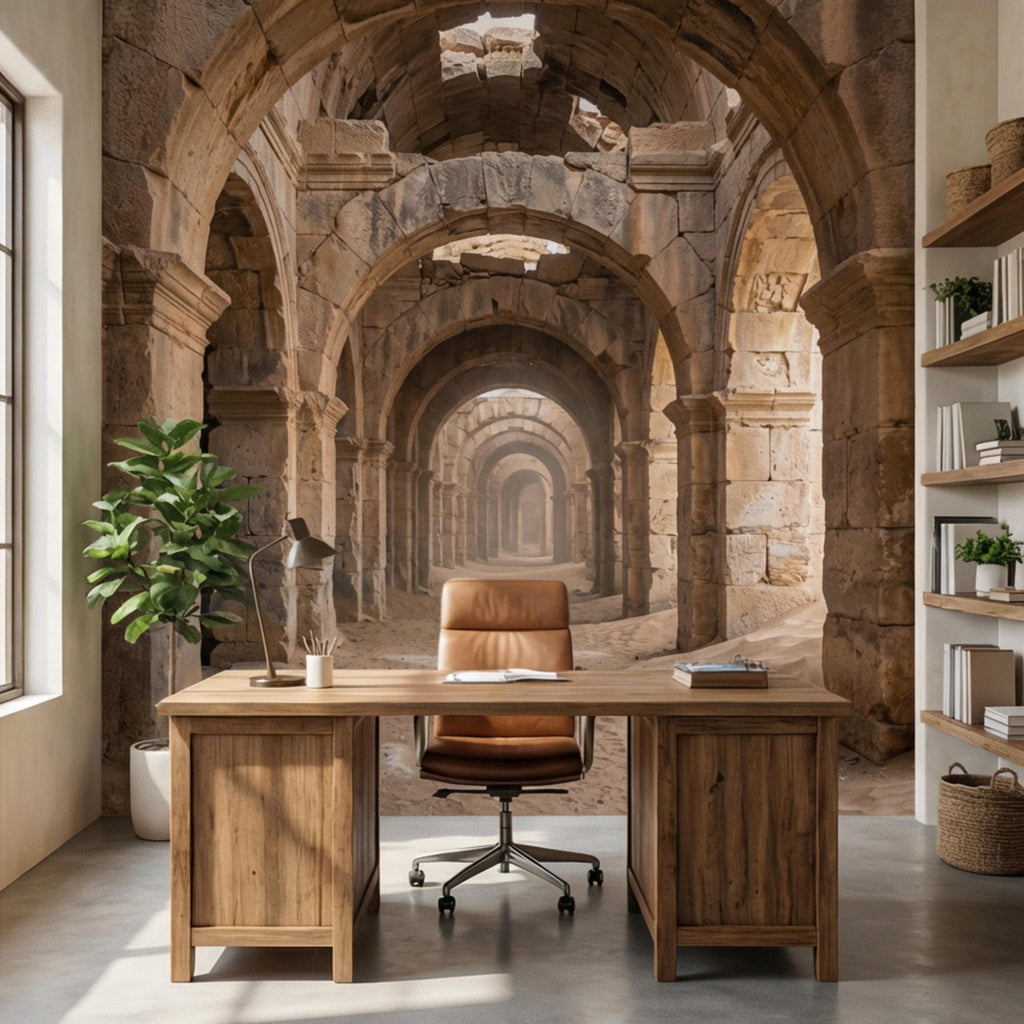 Ancient Roman Archway Ruins Peel and Stick Wall Mural, Old World Stone Corridor Wallpaper