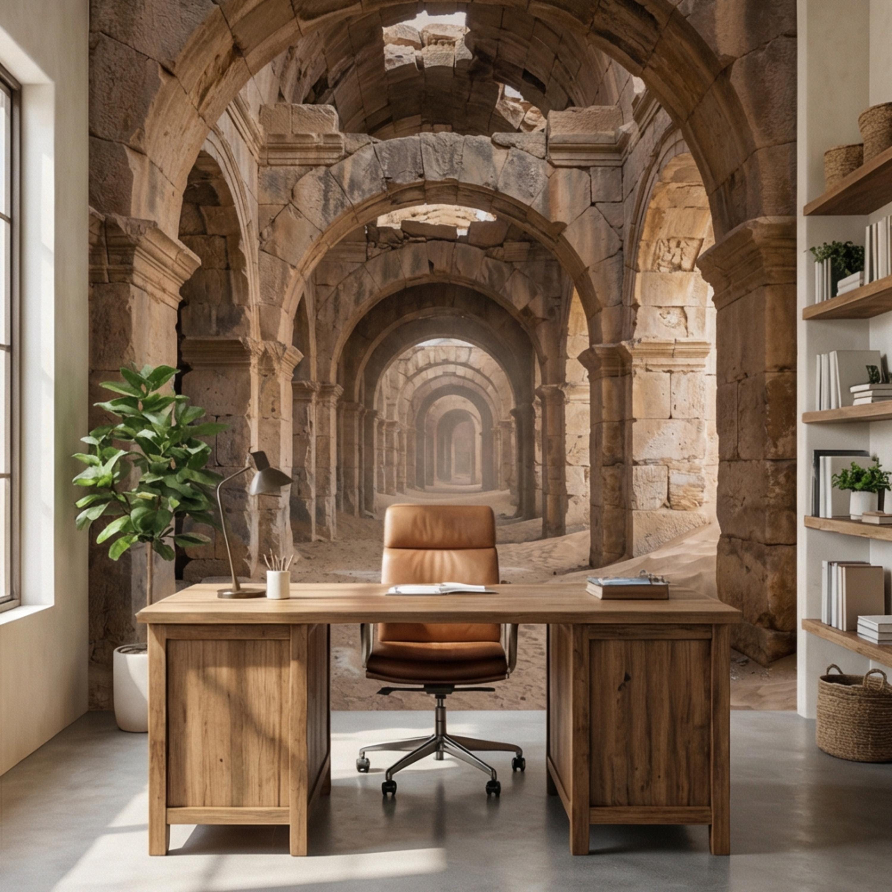 Ancient Roman Archway Ruins Peel and Stick Wall Mural, Old World Stone Corridor Wallpaper