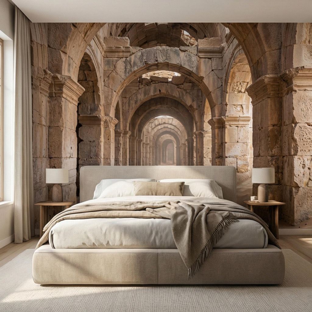 Ancient Roman Archway Ruins Peel and Stick Wall Mural, Old World Stone Corridor Wallpaper