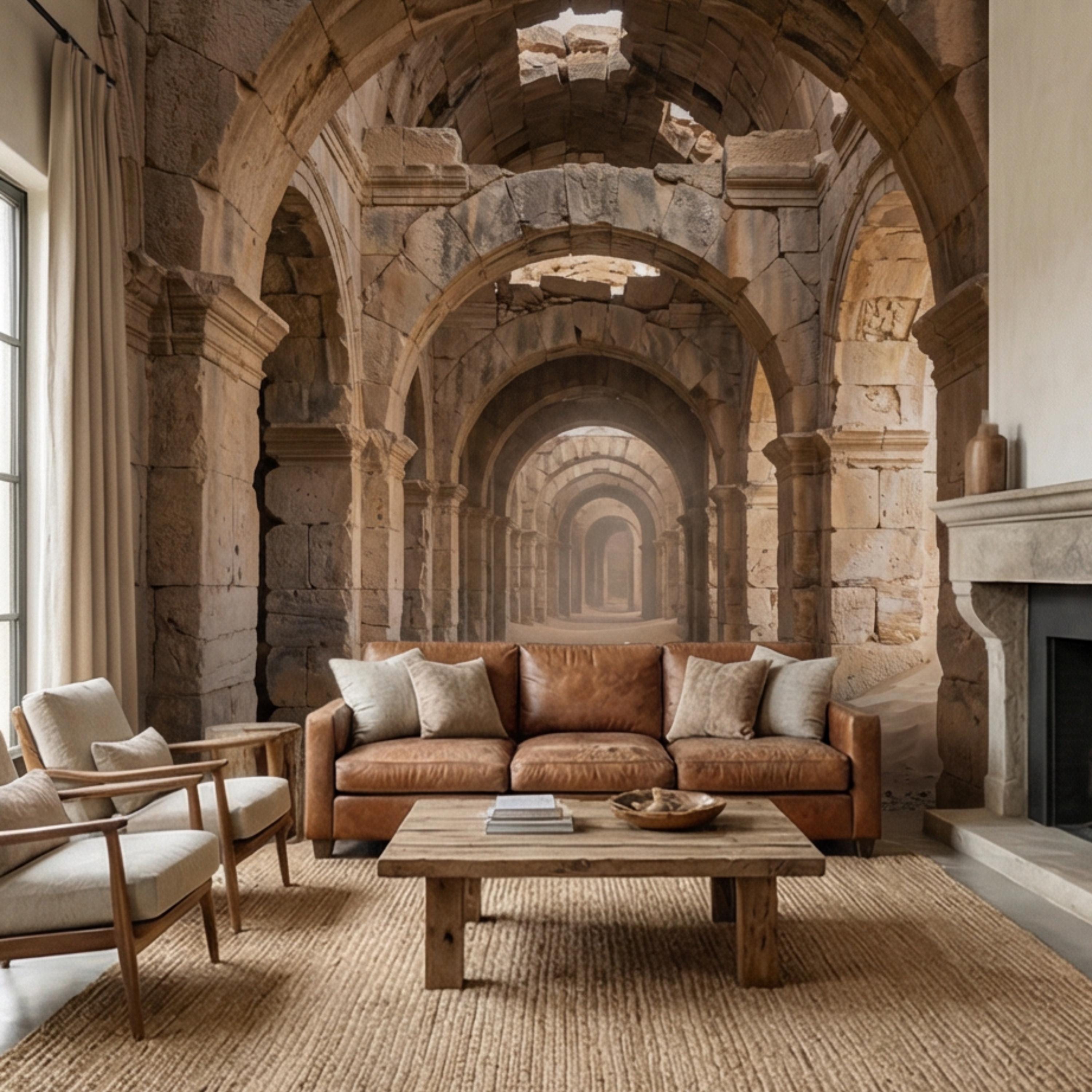 Ancient Roman Archway Ruins Peel and Stick Wall Mural, Old World Stone Corridor Wallpaper